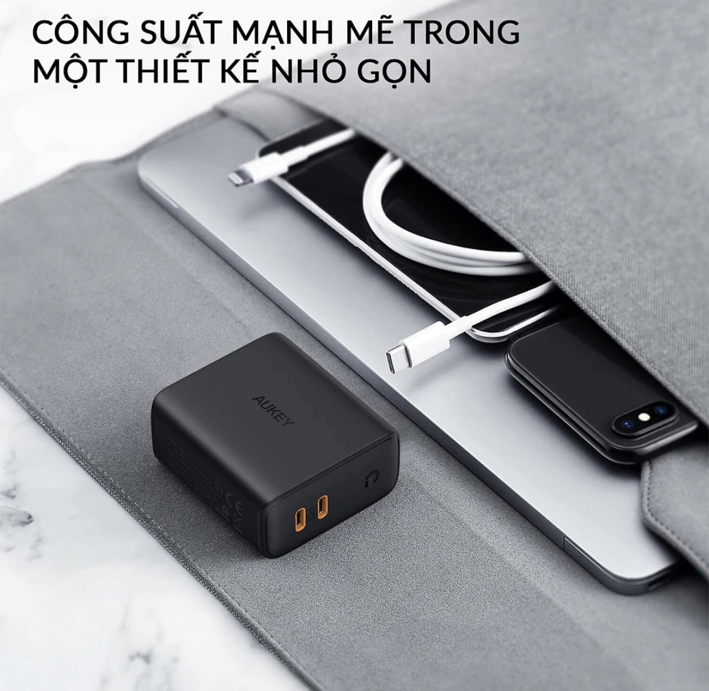 Củ sạc nhanh 36W Sạc Aukey PA-D2 , 2 cổng USB-C- chân dẹt gập sạc nhanh iPhone 15 & Macbook