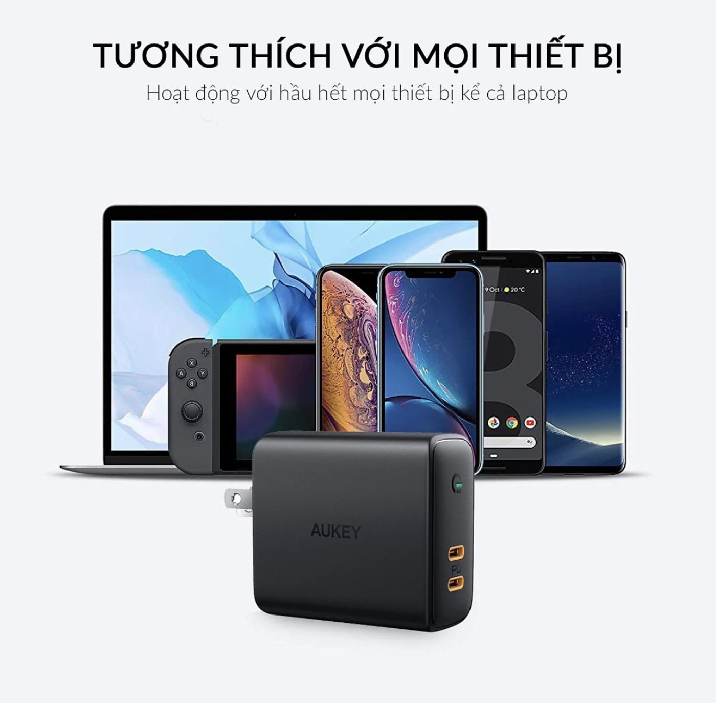 Củ sạc nhanh 36W Sạc Aukey PA-D2 , 2 cổng USB-C- chân dẹt gập sạc nhanh iPhone 15 & Macbook