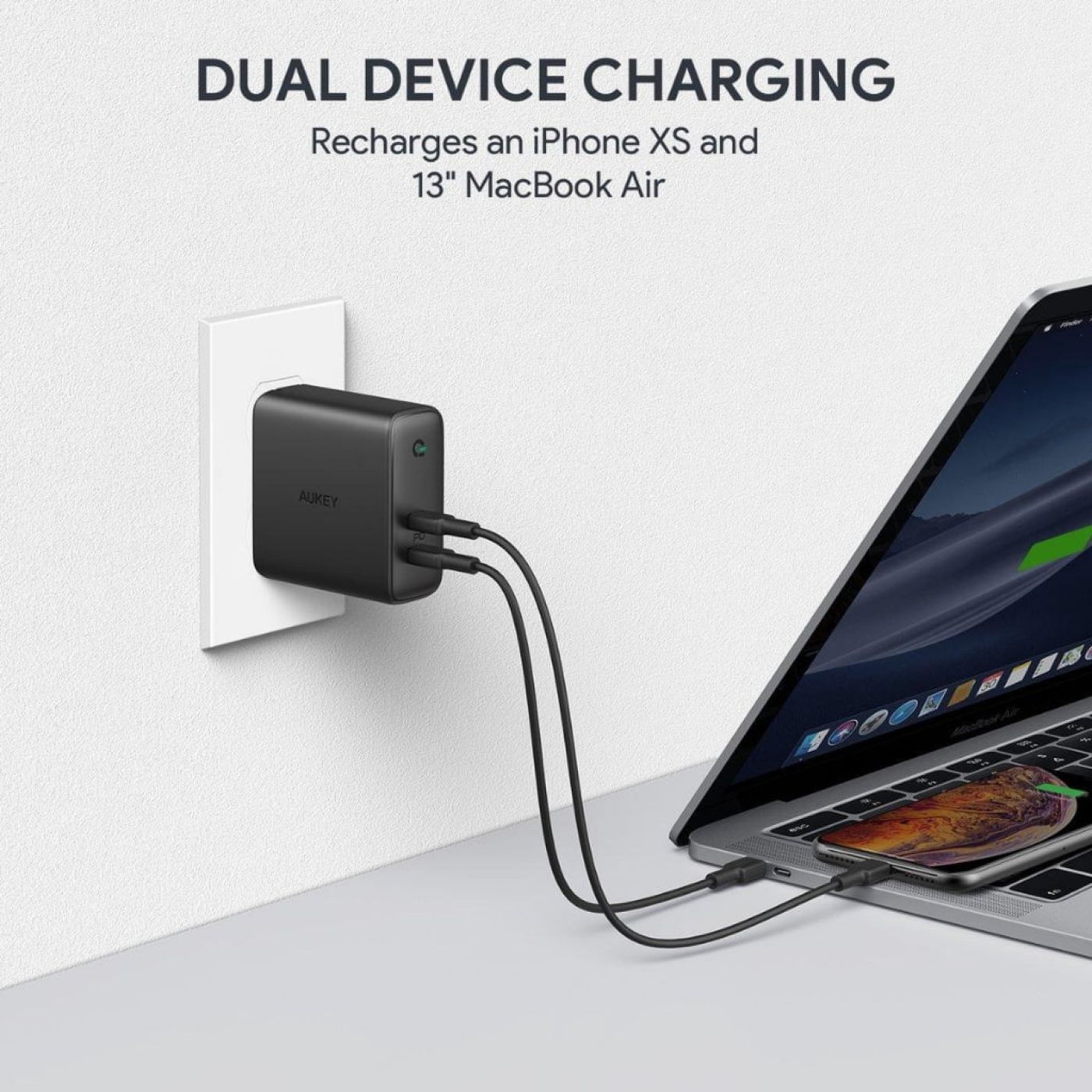 Củ sạc nhanh 63W AUKEY PA-D5 - 2 cổng USB-C - chân dẹt gập sạc iPhone 15 / Macbook