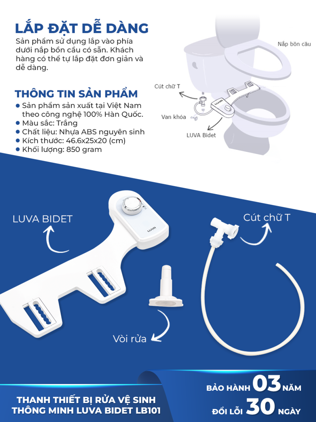 Vòi rửa vệ sinh thông minh LUVA BIDET LB101, BH 3 năm, đổi lỗi 100 ngày