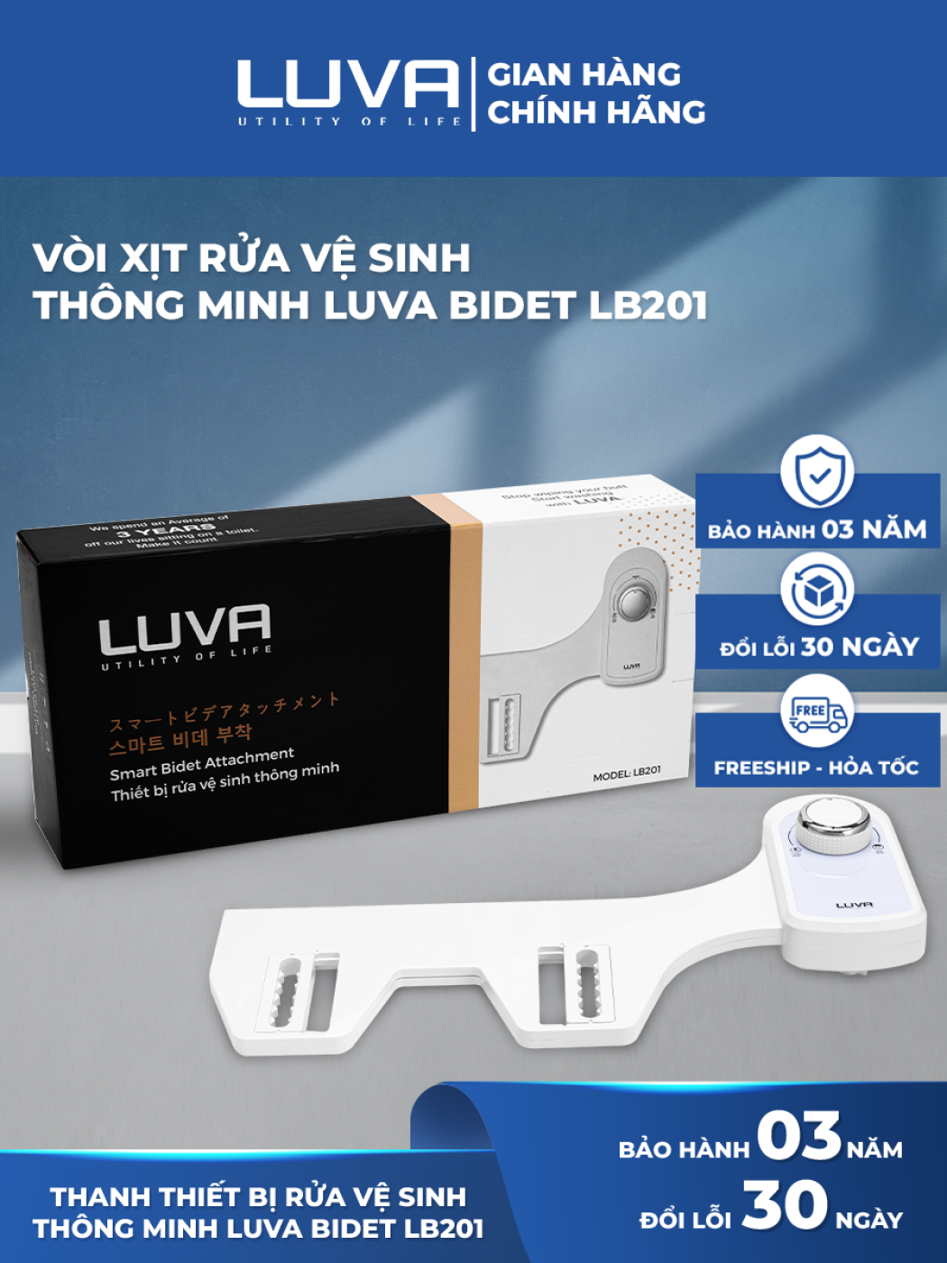 Vòi rửa vệ sinh thông minh Luva Bidet LB201, 2 vòi rửa, BH 3 năm, đổi lỗi 100 ngày,