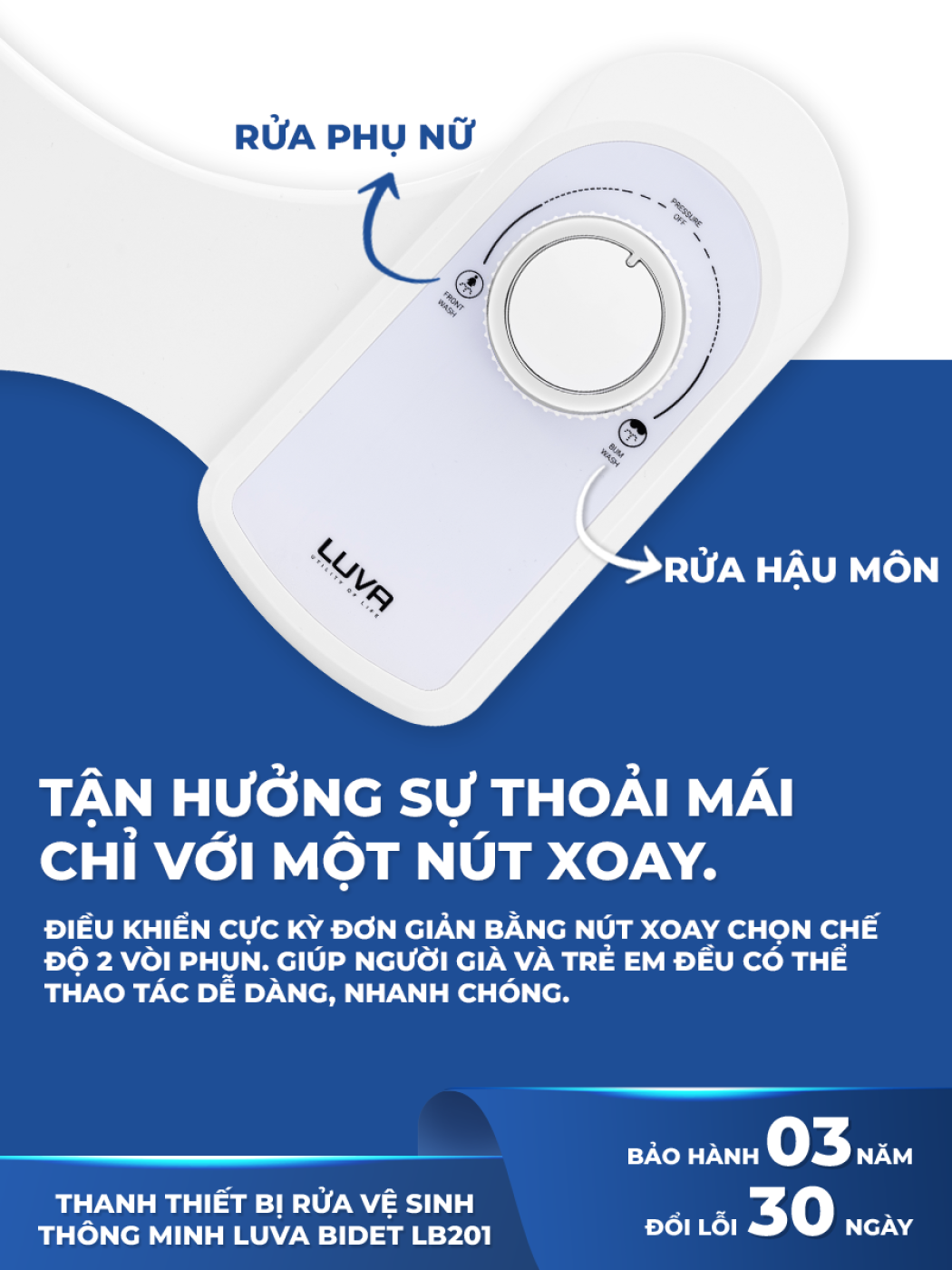 Vòi rửa vệ sinh thông minh Luva Bidet LB201, 2 vòi rửa, BH 3 năm, đổi lỗi 100 ngày,