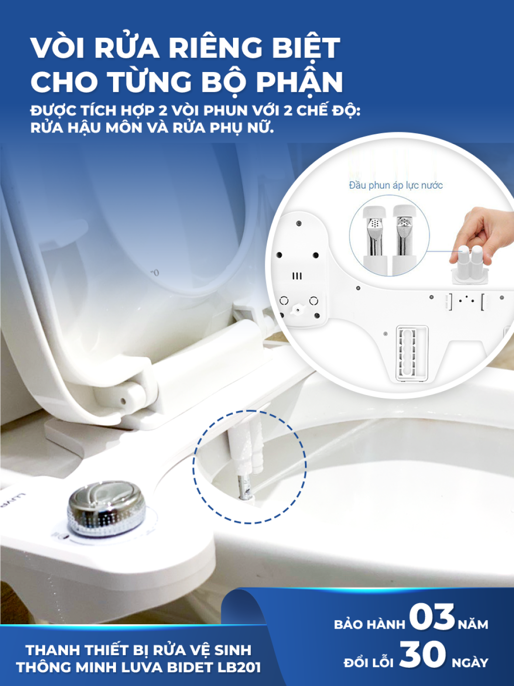 Vòi rửa vệ sinh thông minh Luva Bidet LB201, 2 vòi rửa, BH 3 năm, đổi lỗi 100 ngày,