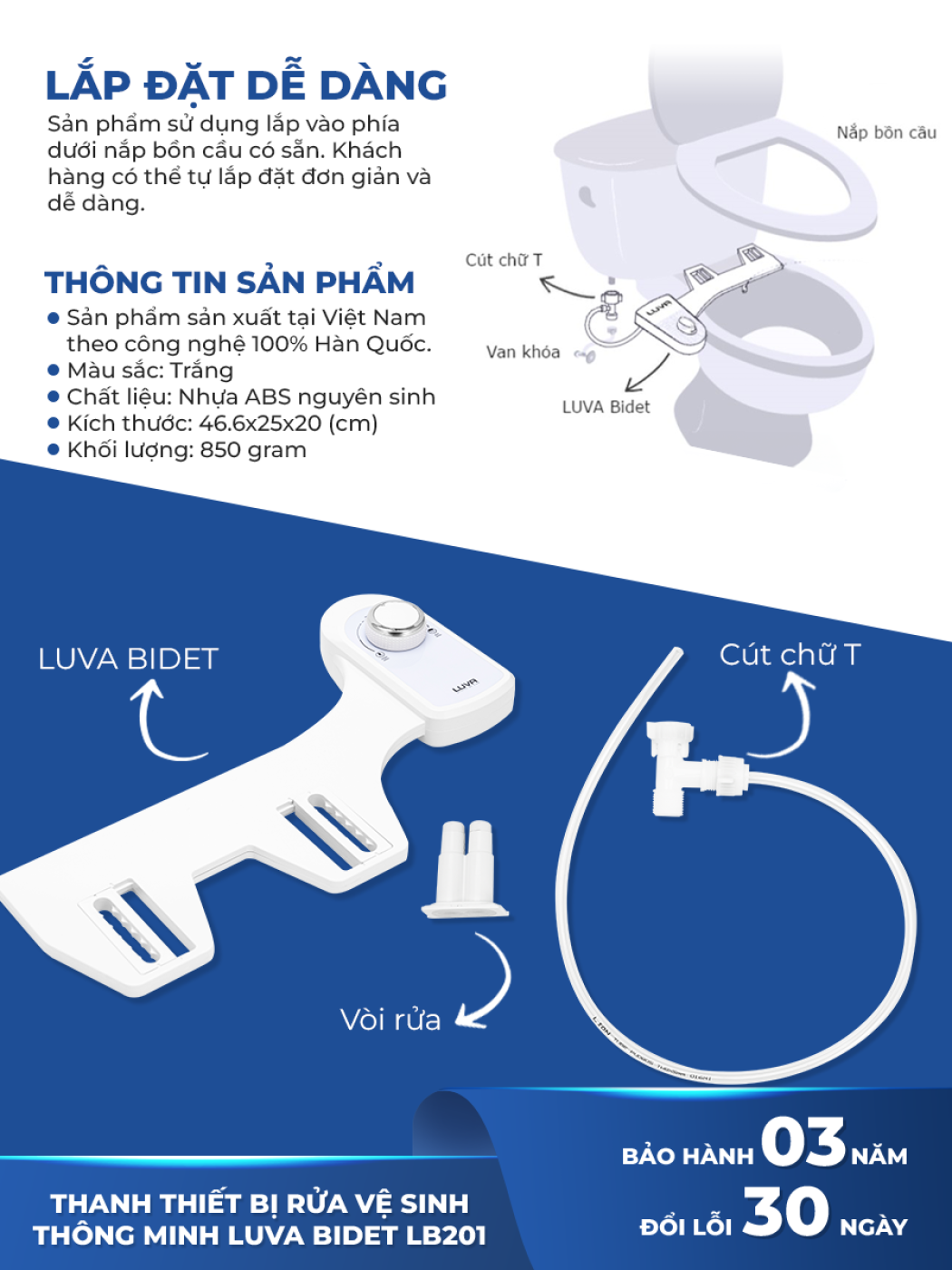 Vòi rửa vệ sinh thông minh Luva Bidet LB201, 2 vòi rửa, BH 3 năm, đổi lỗi 100 ngày,