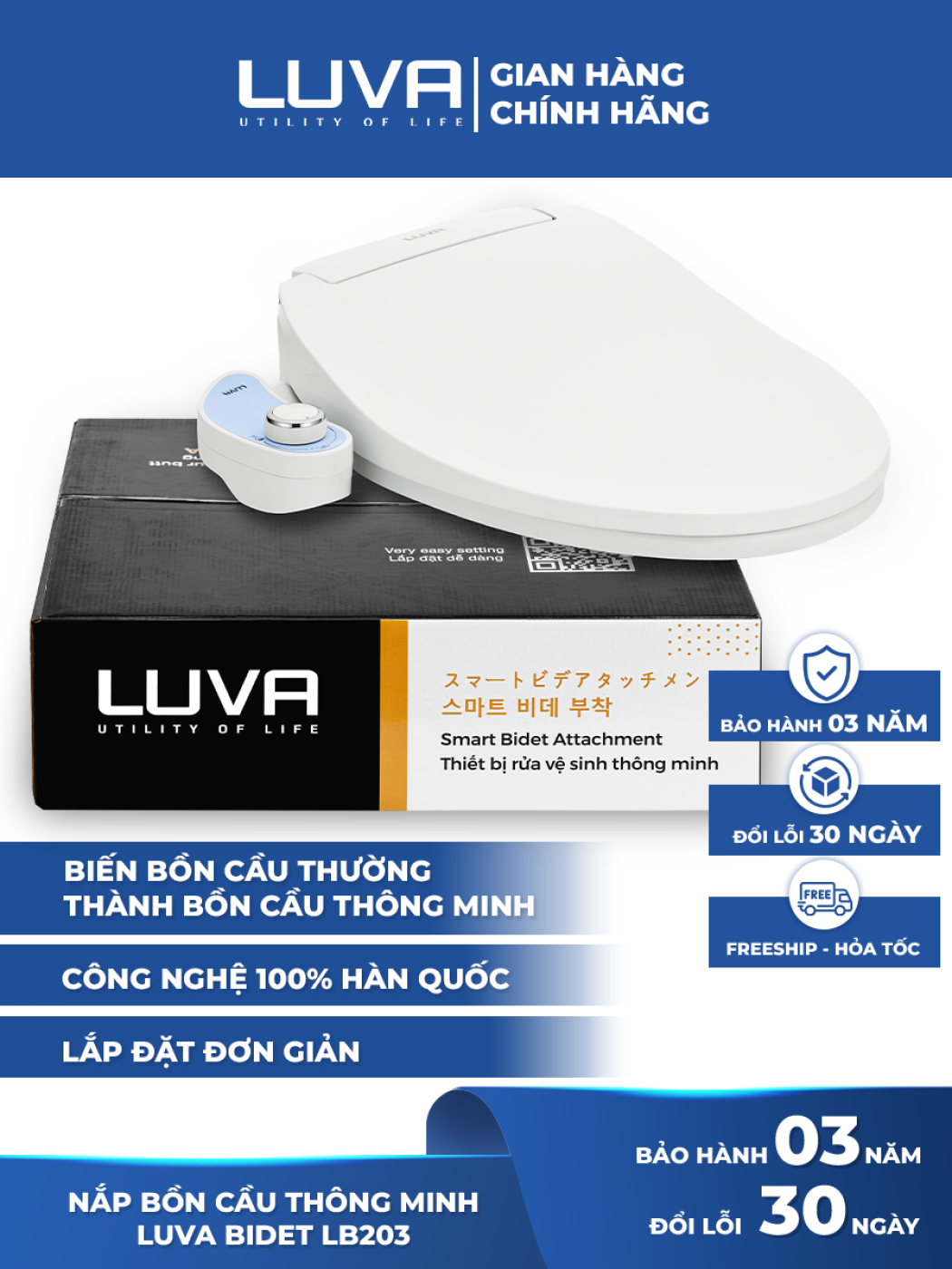 Nắp bồn cầu vệ sinh thông minh Luva Bidet LB203, Bảo hành 3 năm, đổi lỗi 100 ngày