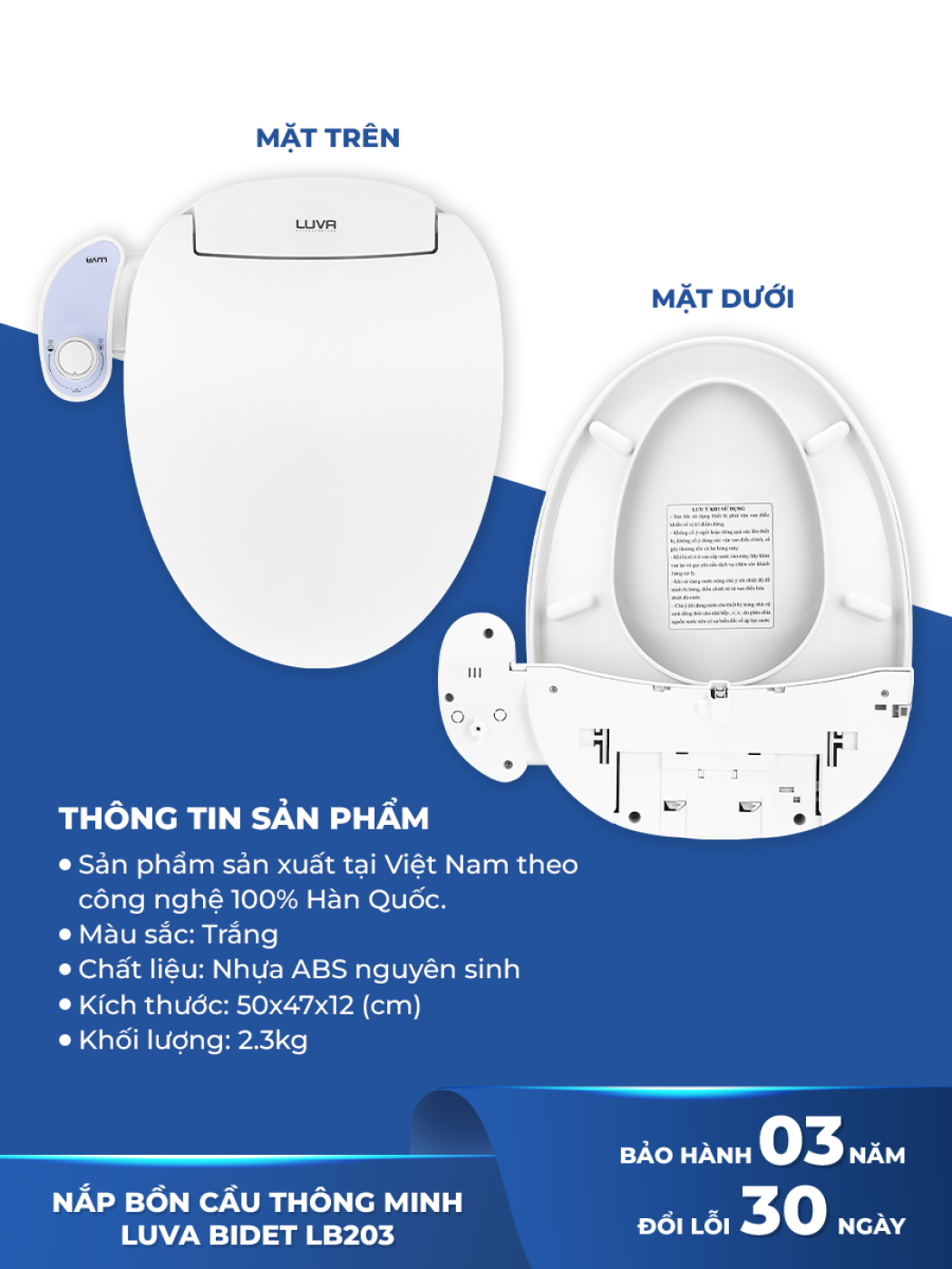 Nắp bồn cầu vệ sinh thông minh Luva Bidet LB203, Bảo hành 3 năm, đổi lỗi 100 ngày