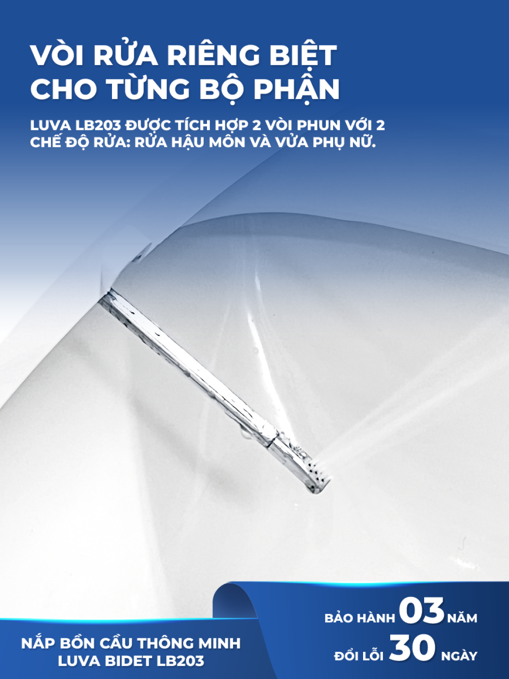 Nắp bồn cầu vệ sinh thông minh Luva Bidet LB203, Bảo hành 3 năm, đổi lỗi 100 ngày