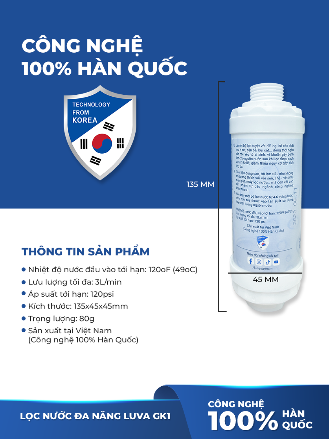 Bộ lọc nước đa năng Luva GK1 lọc vòi sen tắm, máy rửa bát, máy giặt, vòi rửa bát, bồn cầu