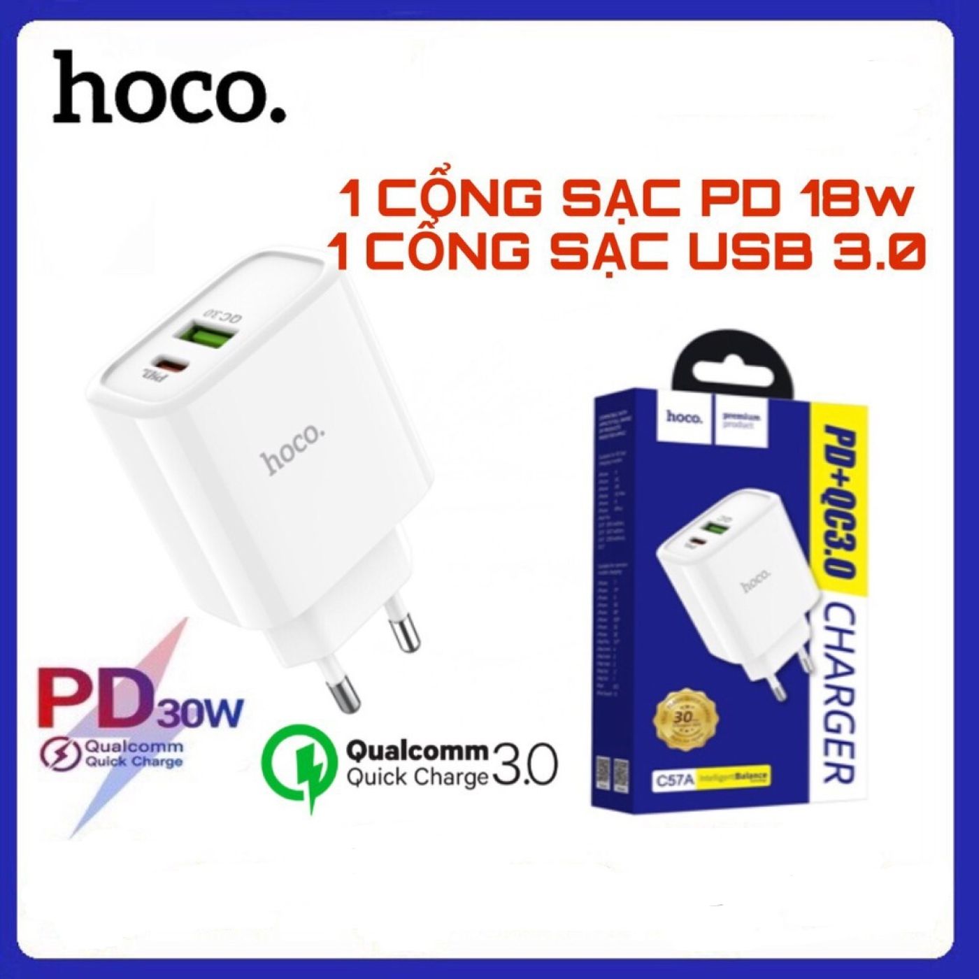 Củ sạc nhanh 2 cổng tiện lợi (usb và typec) sạc nhanh cho tất cả các dòng điện thoại hoco C57A