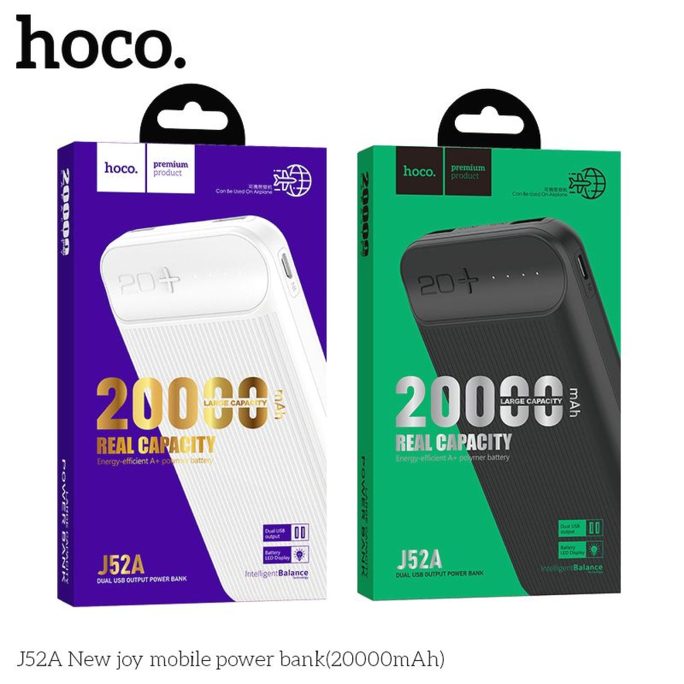 Pin sạc dự phòng tiện lợi 2 cổng ra USB 20000mAh Hoco J52A sản phẩm chống cháy nổ