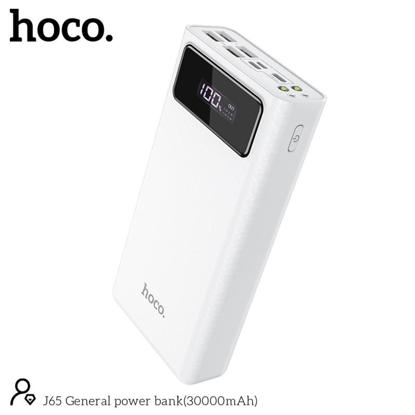 Pin sạc dự phòng dung lương cao 30000mah, có đèn led với 4 cổng sạc USB ra tiện lợi hoco J65