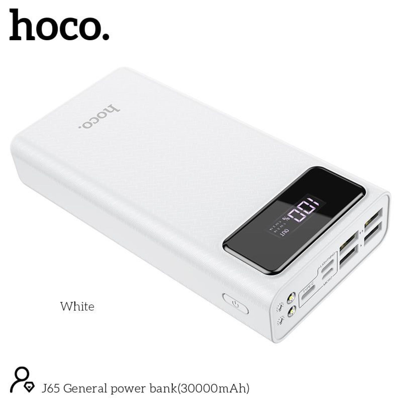 Pin sạc dự phòng dung lương cao 30000mah, có đèn led với 4 cổng sạc USB ra tiện lợi hoco J65