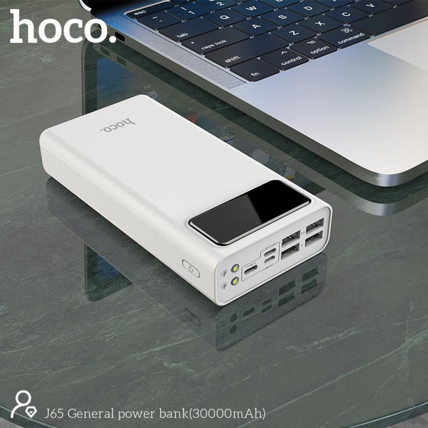 Pin sạc dự phòng dung lương cao 30000mah, có đèn led với 4 cổng sạc USB ra tiện lợi hoco J65