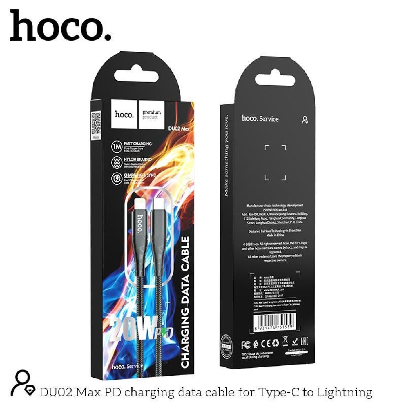 Cáp sạc nhanh PD 20W hỗ trợ truyền dữ liệu chân Typec sang lightning hoco DU02