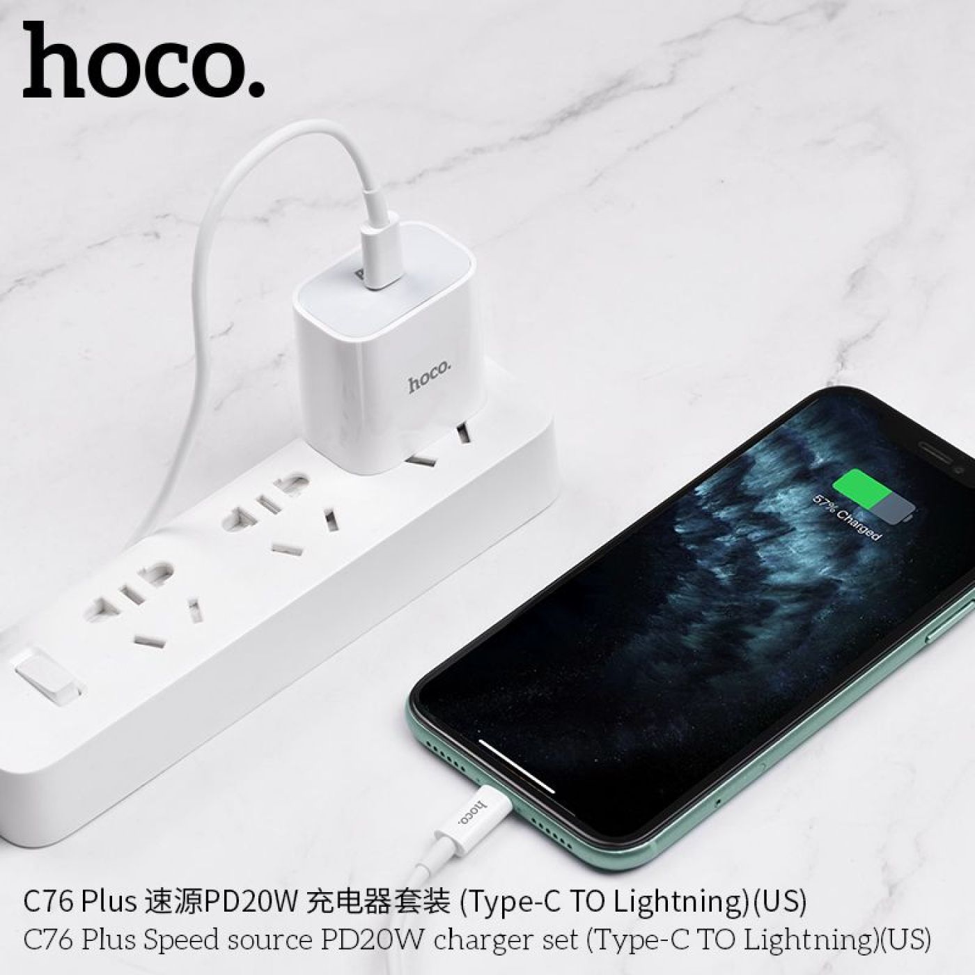 Bộ sạc nhanh 20W kèm dây sạc ai phon dài 1m, lõi đồng nguyên chất, chống cháy nổ hoco C76