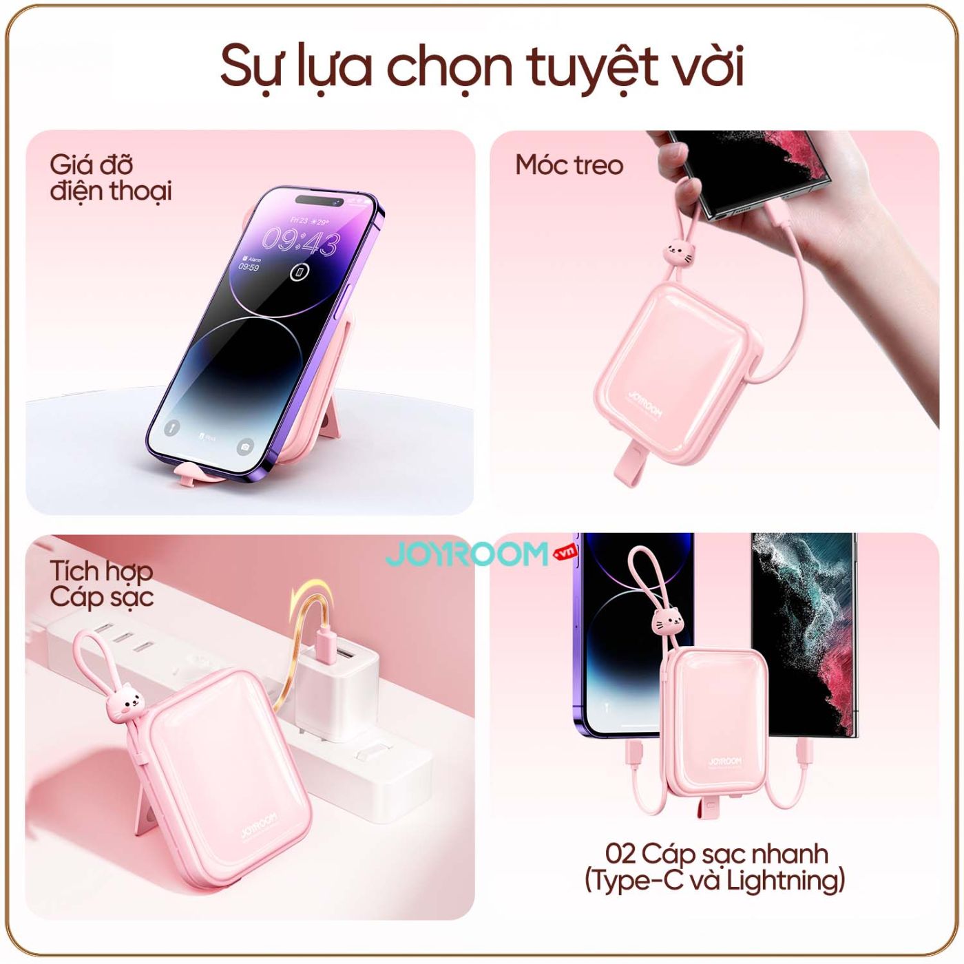 Sạc dự phòng Joyroom Jelly Series 12W Power Bank 10000mAh tích hợp 2 dây sạc USBC + iPhone