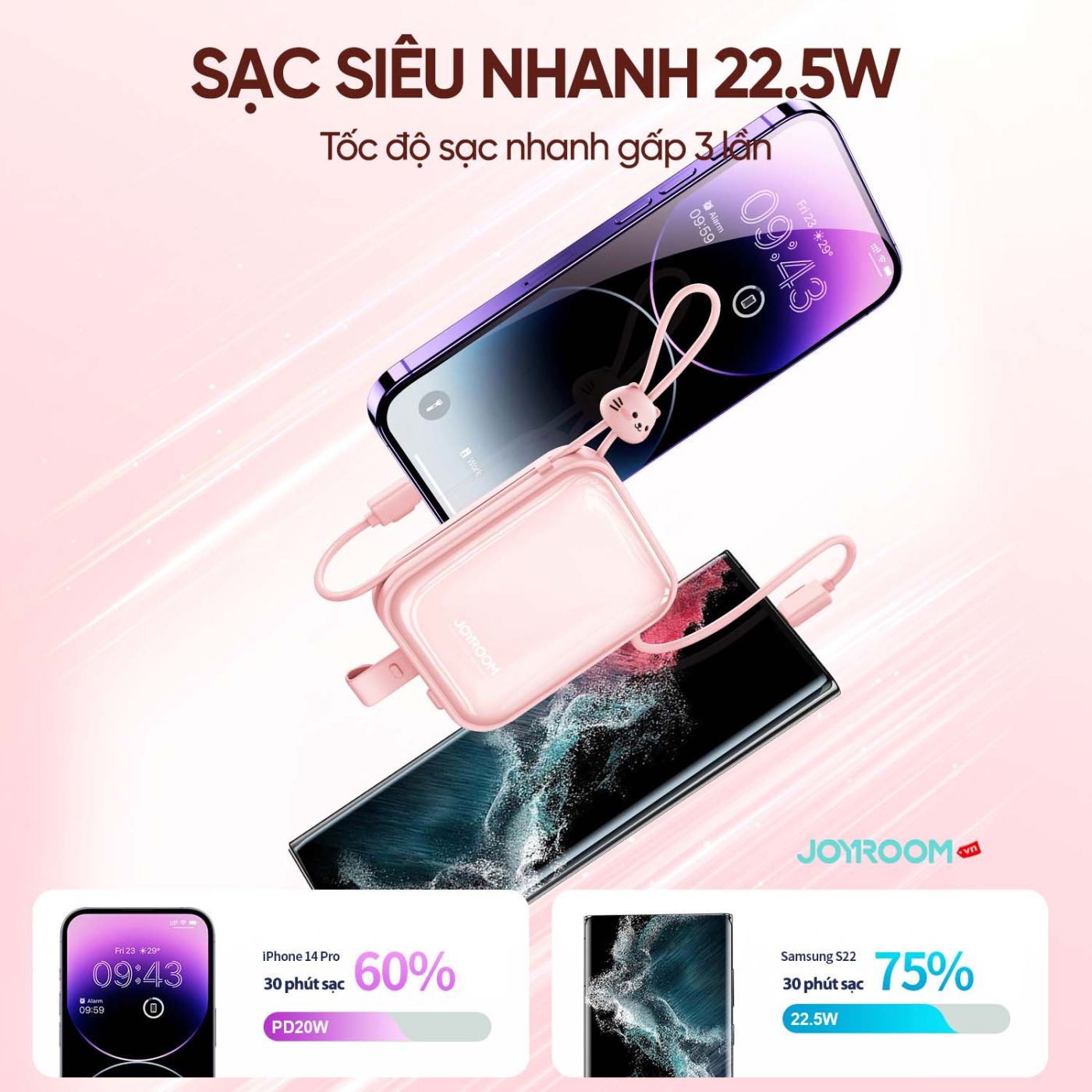 Sạc dự phòng Joyroom Jelly Series 12W Power Bank 10000mAh tích hợp 2 dây sạc USBC + iPhone