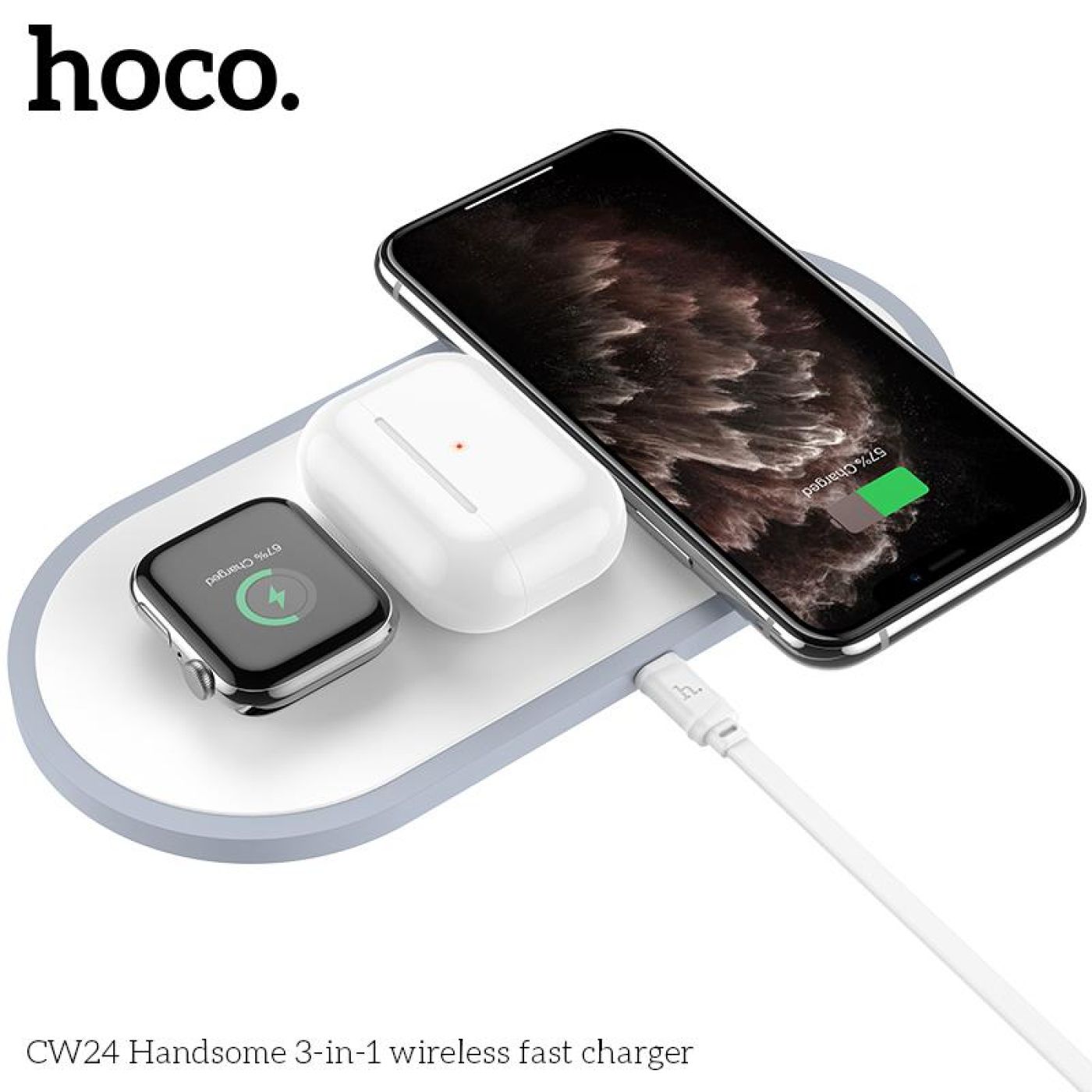 Sạc nhanh không dây đa năng 3 trong 1 cho điện thoại, đồng hồ, tai nghe ... hoco CW24