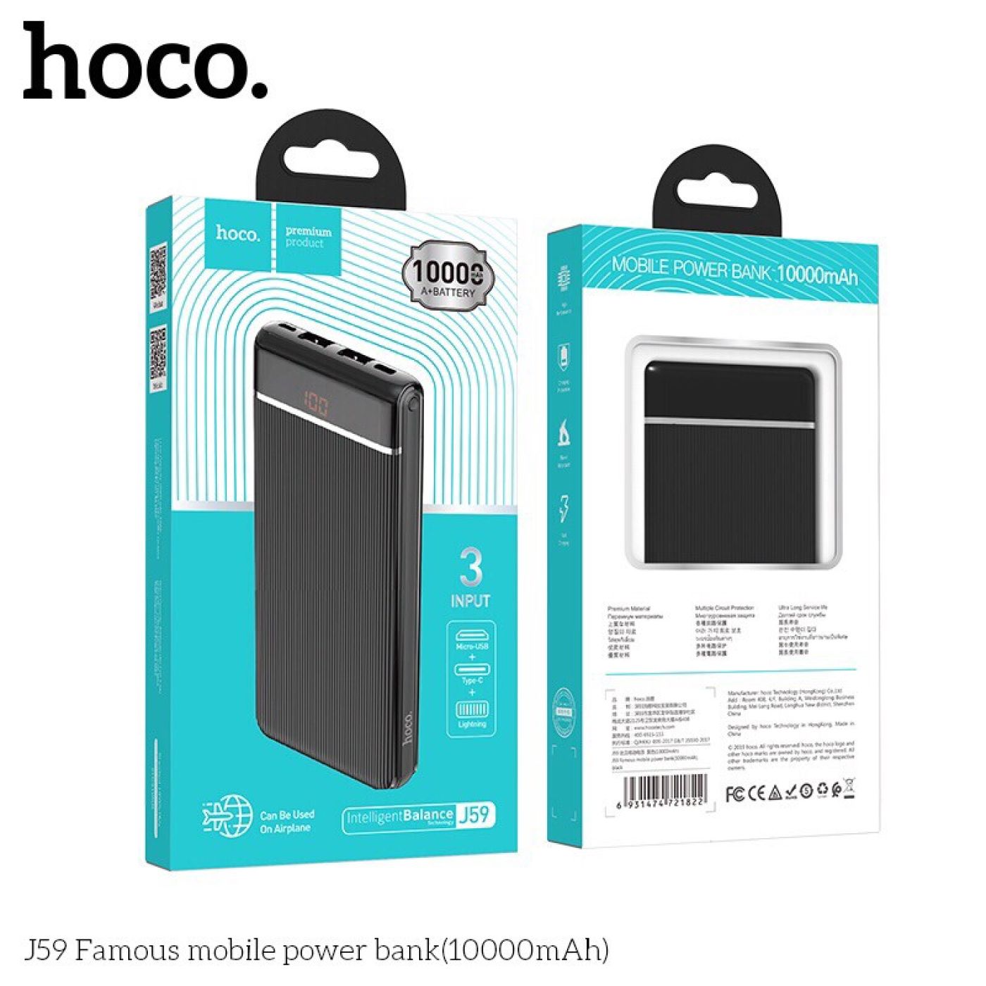 Pin sạc dự phòng 10000mah sạc nhanh với 2 cổng USB tiện lợi màn hình led hiển thị pin hoco j59