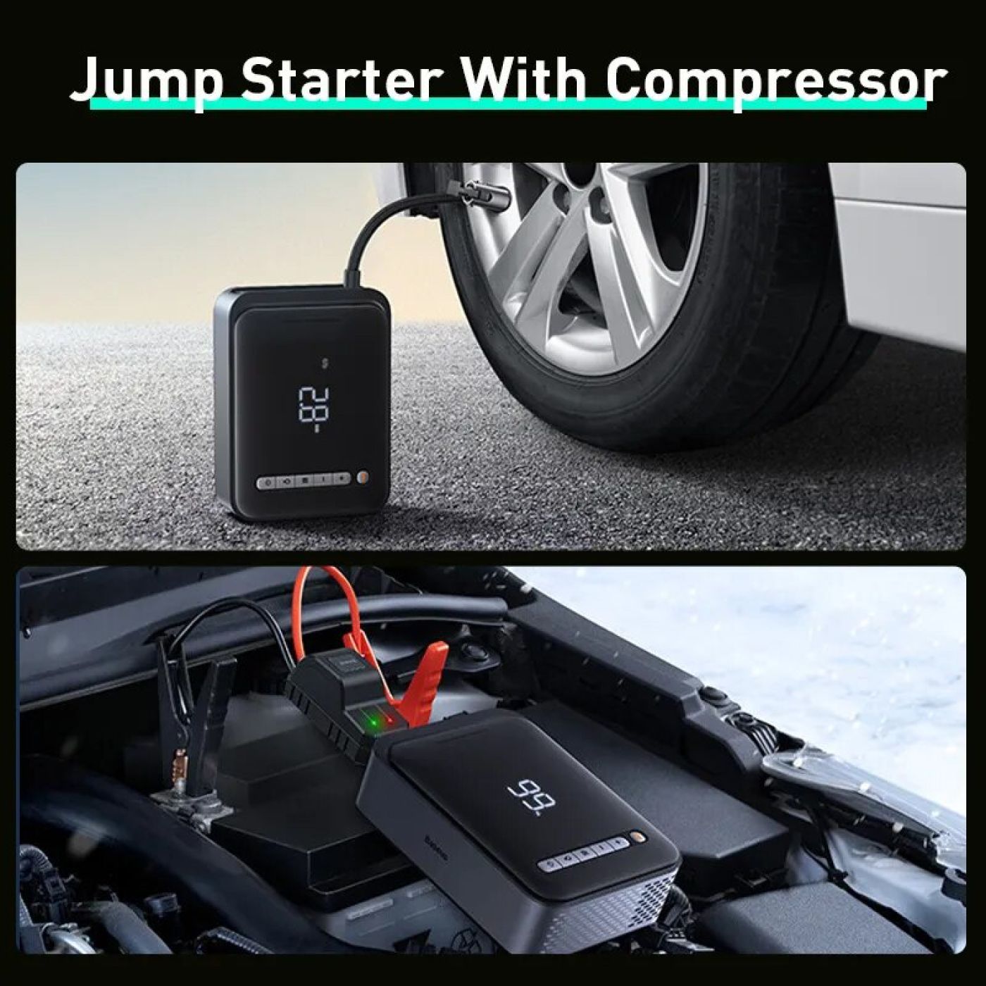 Bơm Lốp Đa Năng Kiêm Kích Bình Ô Tô Baseus Super Energy 2-in-1 Jump Starter Sạc Pin Cầm Tay 8000mAh