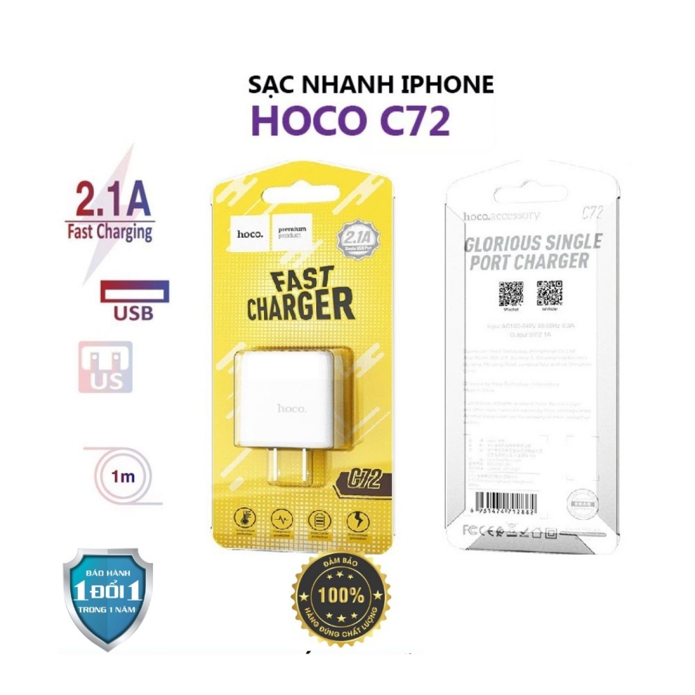 Cốc, củ sac nhanh cho điện thoại cổng usb chống cháy nổ hoco C72