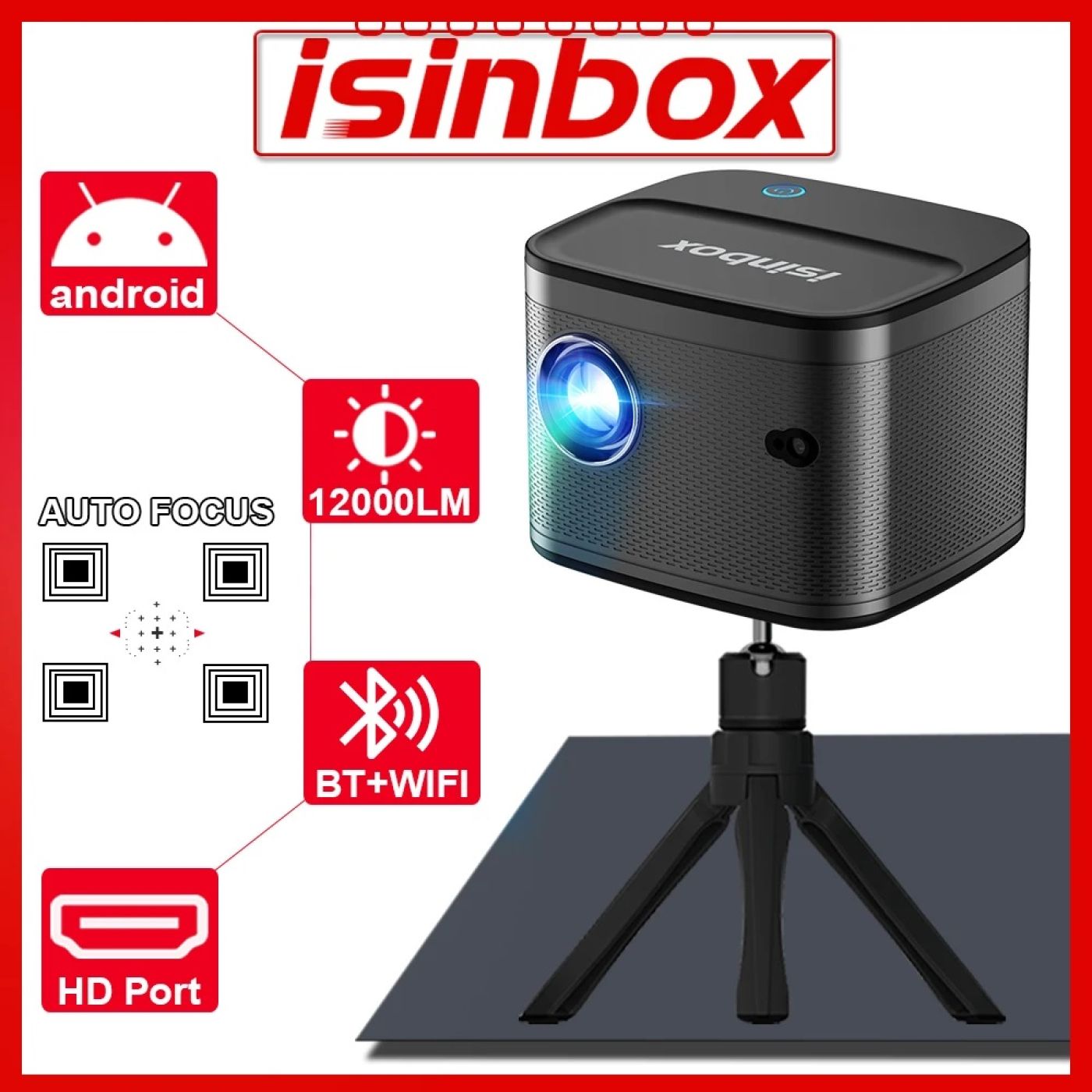 Máy Chiếu LED isinbox S18 - 12.000 Lumen - Android 11 - Wifi 6 - Bluetooth 5.2 - HDMI - AV - Auto Fo