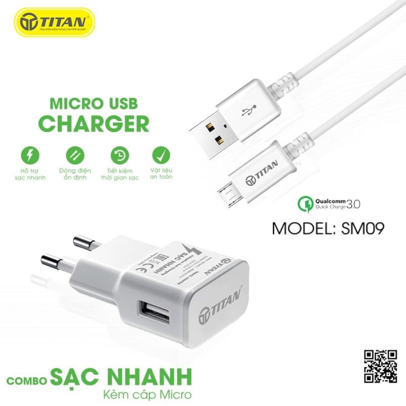 Bộ sạc nhanh chính hãng TITAN SM09 (kèm cáp Micro dài 25cm)