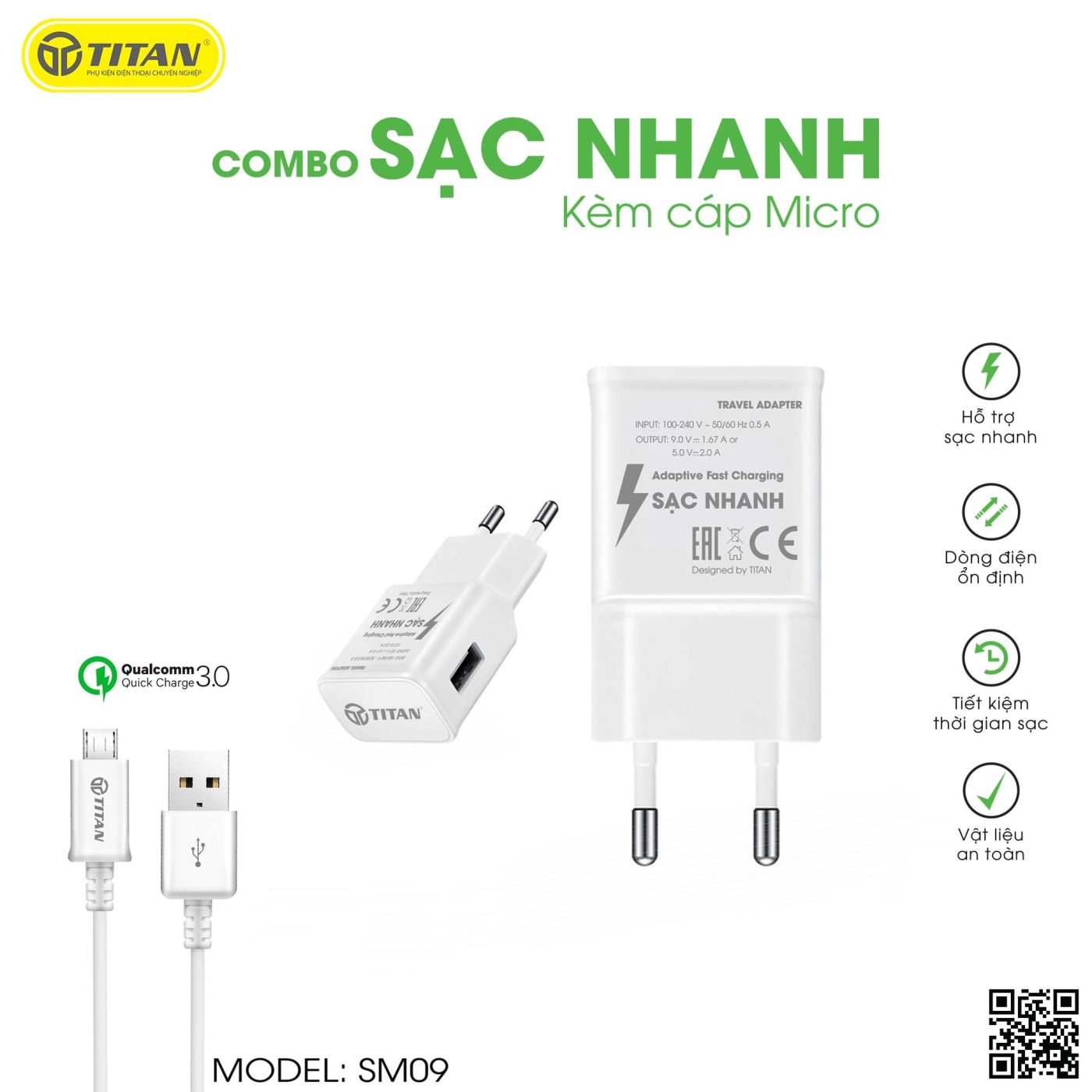 Bộ sạc nhanh chính hãng TITAN SM09 (kèm cáp Micro dài 25cm)