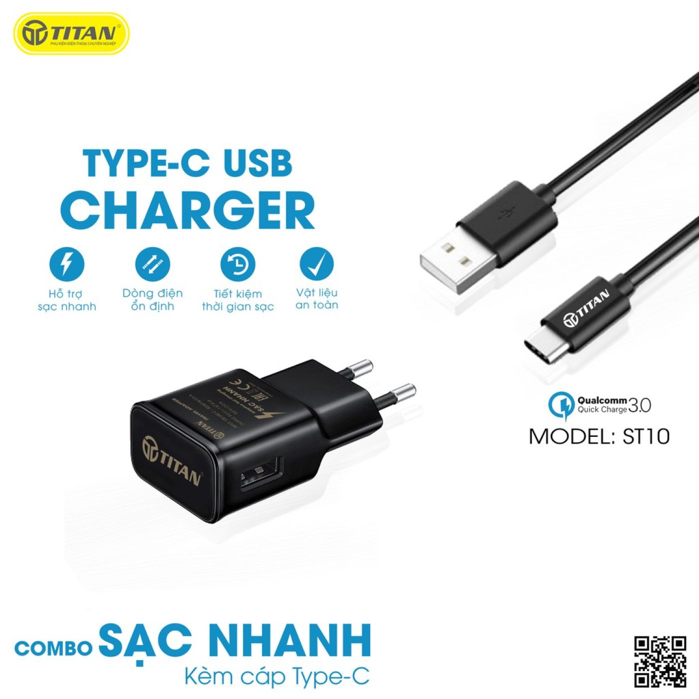 Combo sạc nhanh kèm cáp Type-C hãng Titan ST10