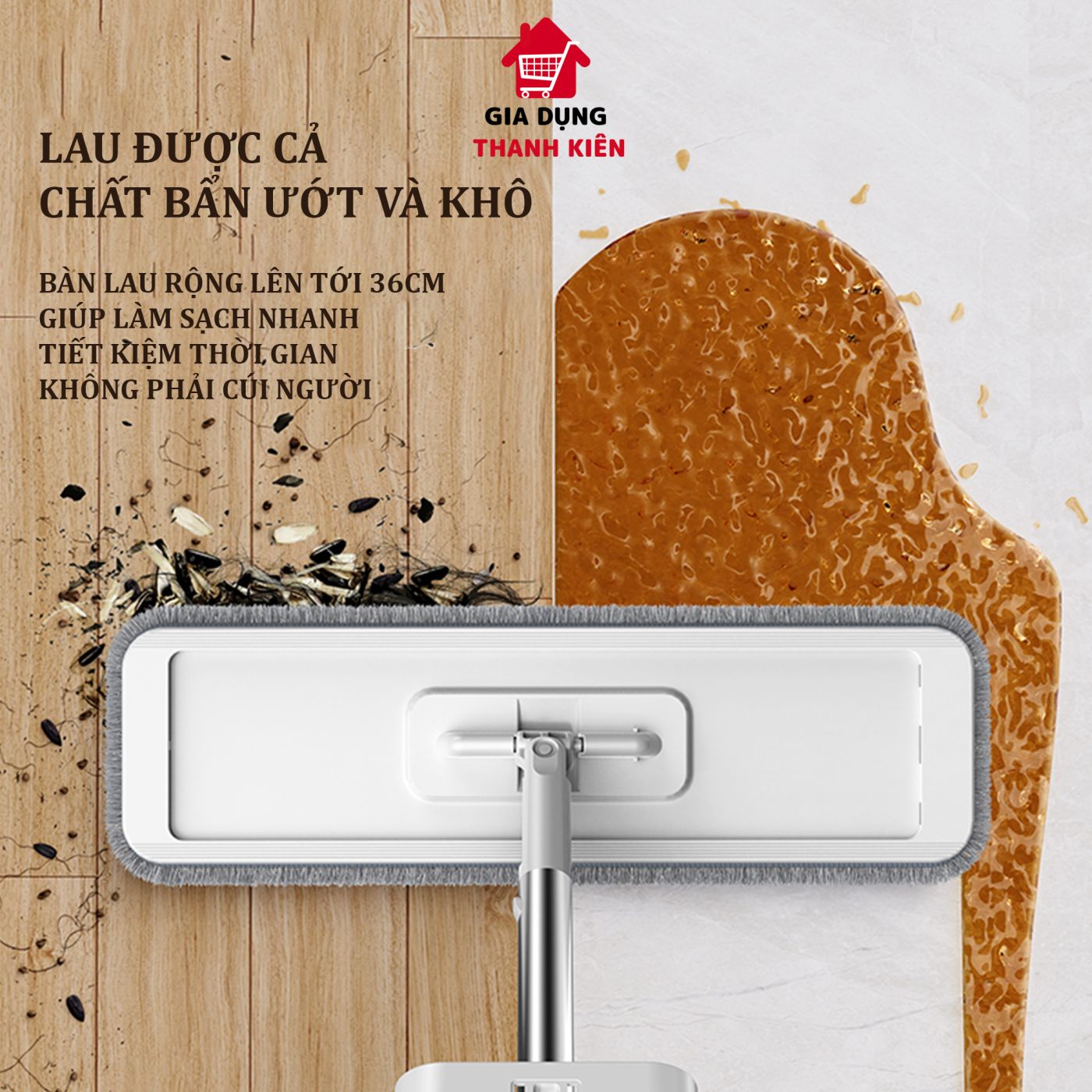 Cây lau nhà tự vắt, chổi lau xoay 360 độ lau sàn gạch, sàn gỗ thiết kế gọn nhẹ cao cấp Thanh Kiên TK