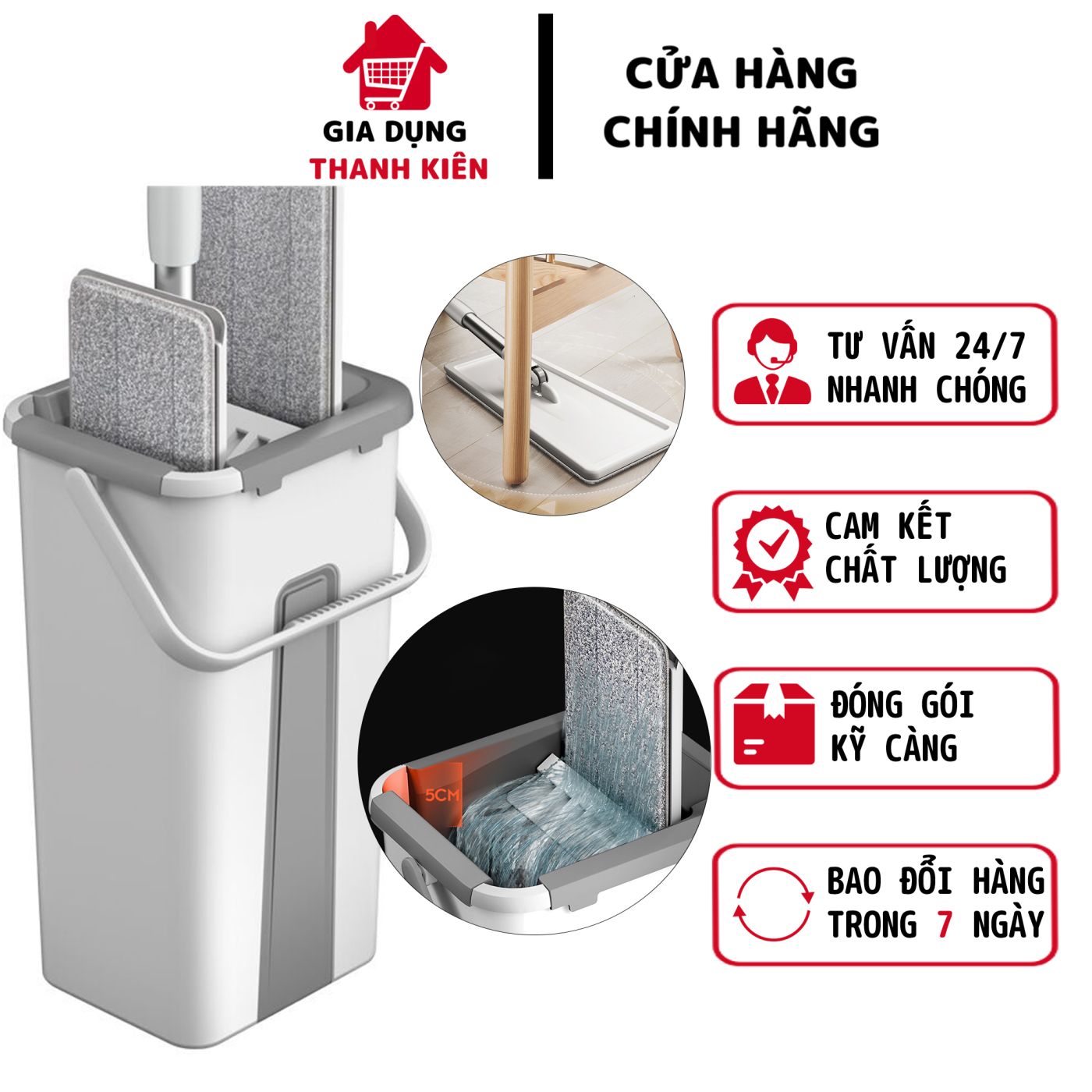 Cây lau nhà tự vắt, chổi lau nhà tách nước, Bộ lau nhà xoay 360 độ kèm thùng tiện lợi Thanh Kiên TK0