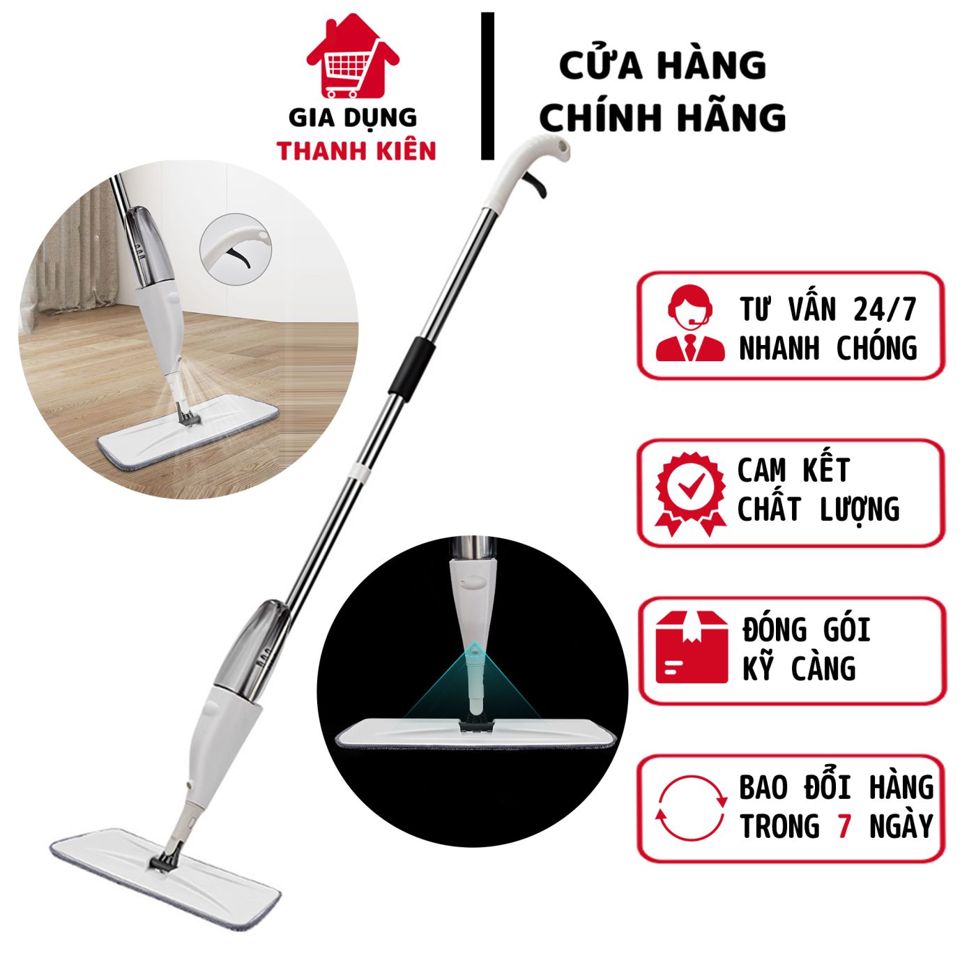 Cây lau nhà phun sương, chổi lau sàn thế hệ mới tự vắt xoay 360 độ lau sạch khô nhanh Thanh Kiên