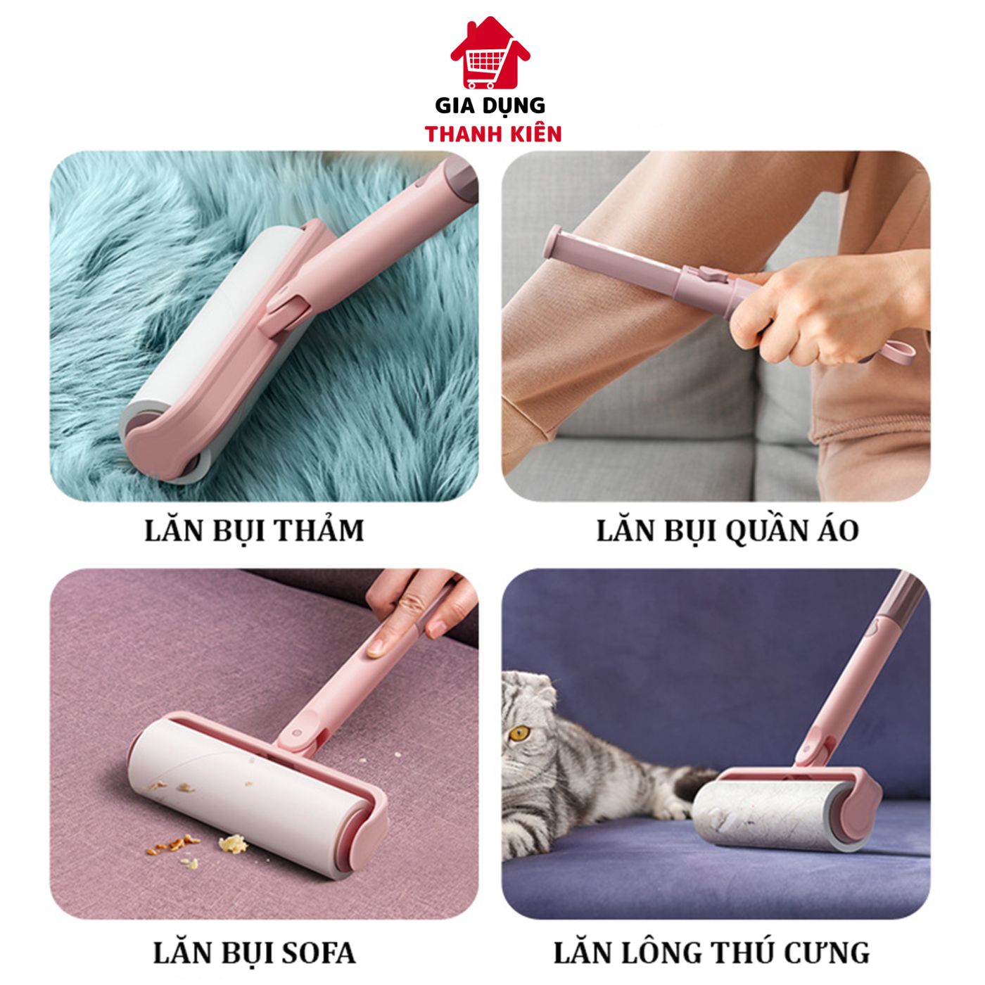 Cây lăn bụi quần áo, ga giường, sofa lông chó mèo thế hệ mới cán dài tiện dụng Thanh Kiên TK022