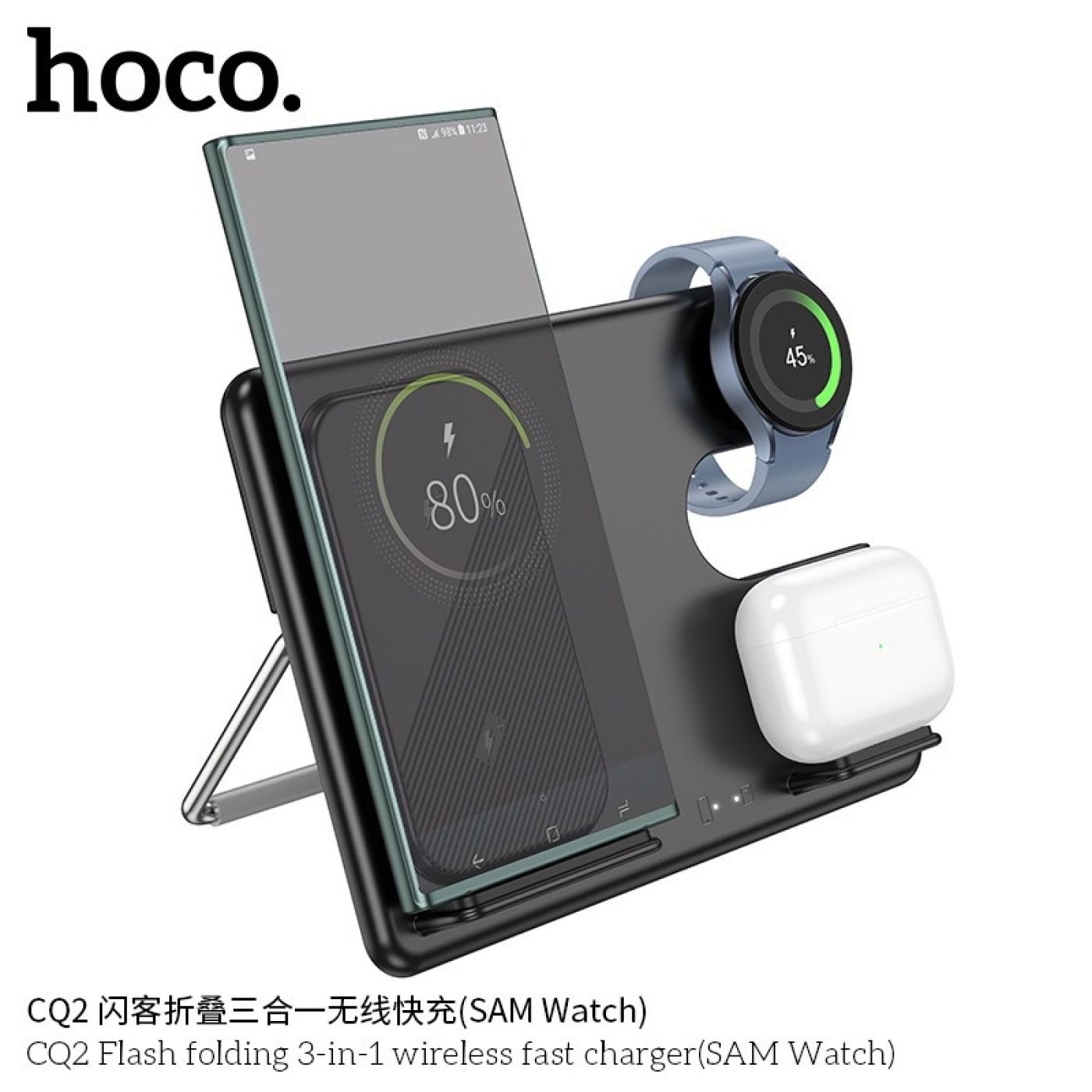 Bộ sạc nhanh 15W không dây 3 trong 1 cho điện thoại, đồng hồ, tai nghe.. Hoco CQ2