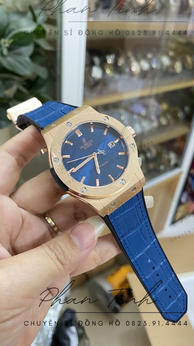 Đồng hồ cơ nam hublot (fake) 2 màu xanh và trắng, khóa gài