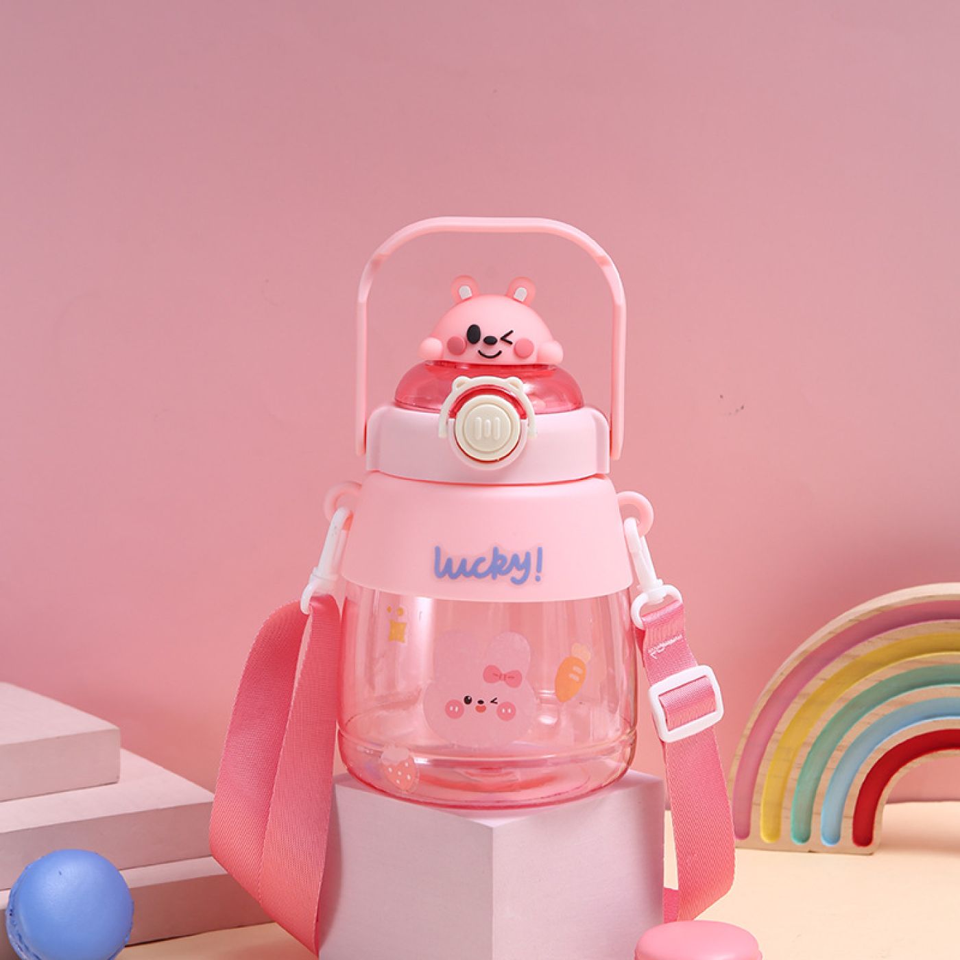 Bình nước họa tiết cute, bình đựng nước cho bé có dây đeo, ống hút và tặng kèm sticker 2D 1200ml