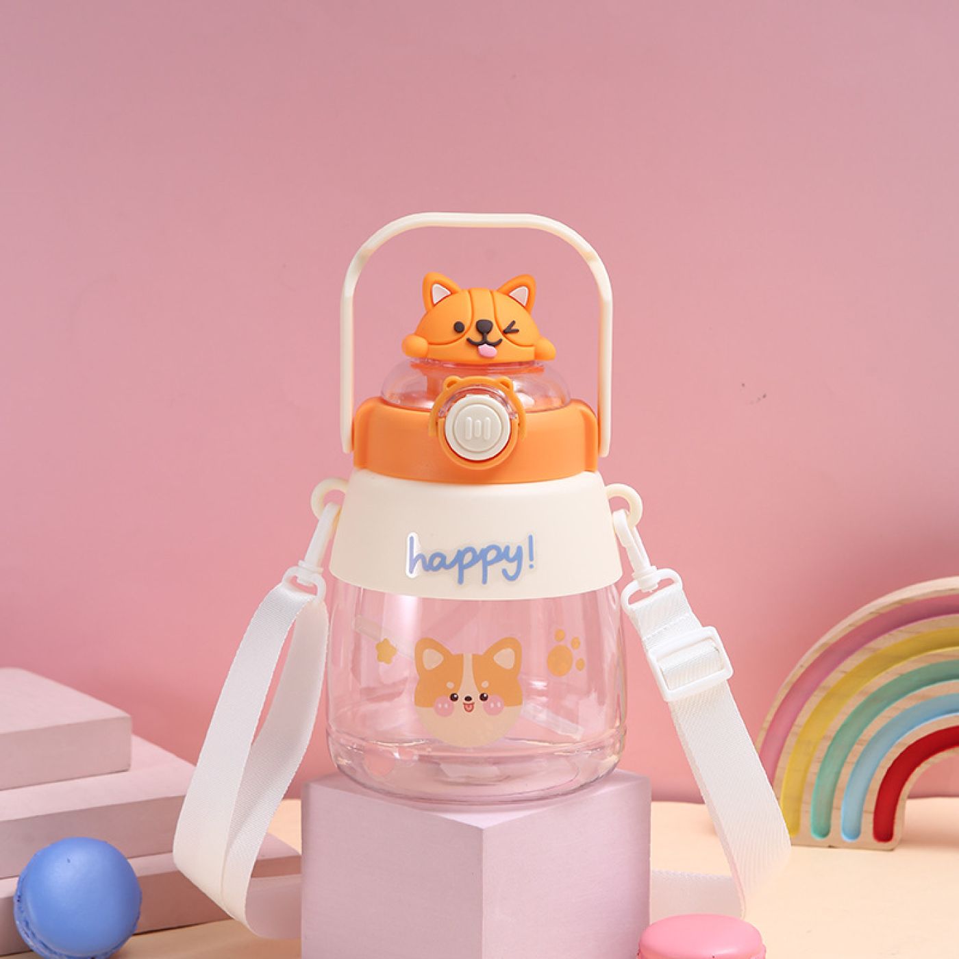 Bình nước họa tiết cute, bình đựng nước cho bé có dây đeo, ống hút và tặng kèm sticker 2D 1200ml