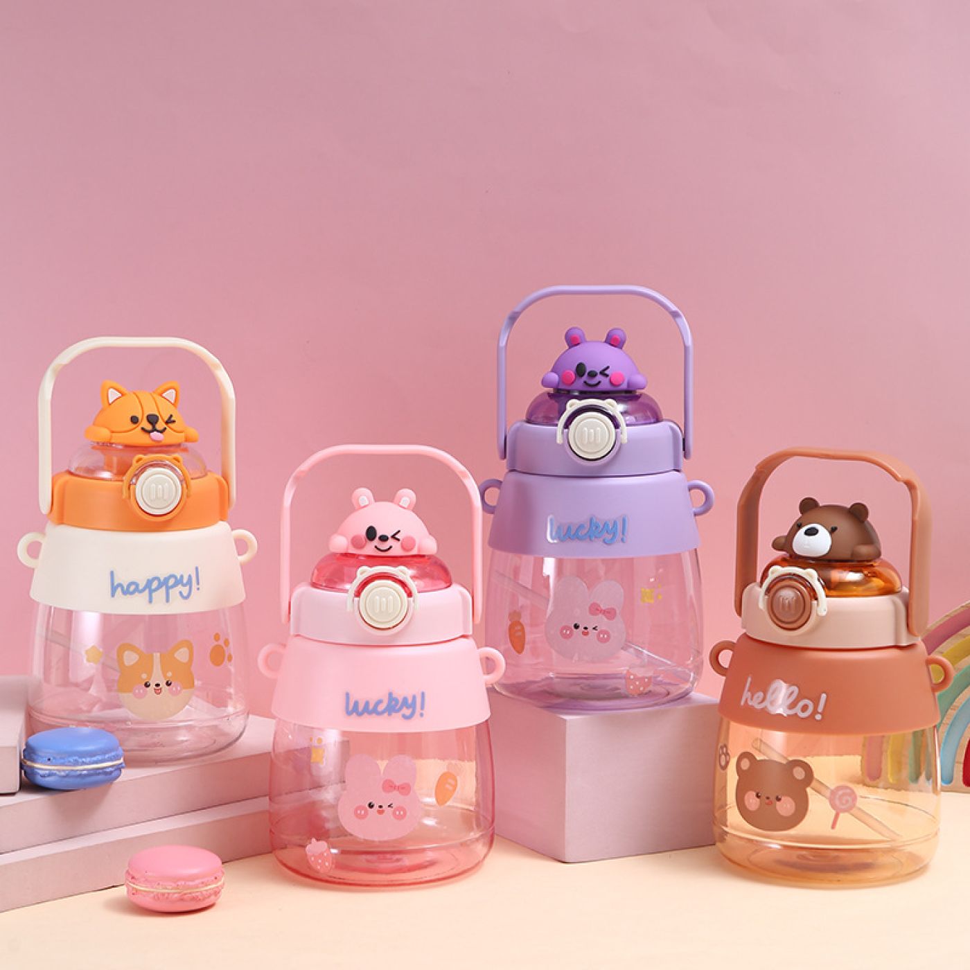 Bình nước họa tiết cute, bình đựng nước cho bé có dây đeo, ống hút và tặng kèm sticker 2D 1200ml