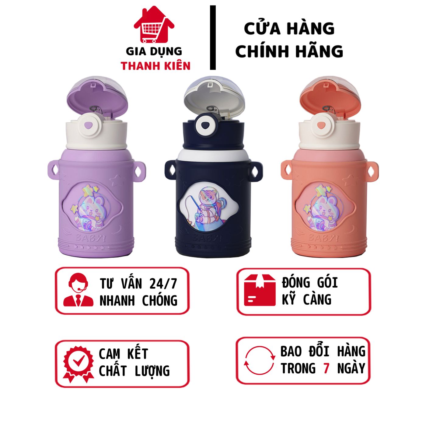 Bình nước giữ nhiệt, bình đựng nước inox 316 cho bé có dây đeo và ống hút tặng kèm sticker 2D-500ml