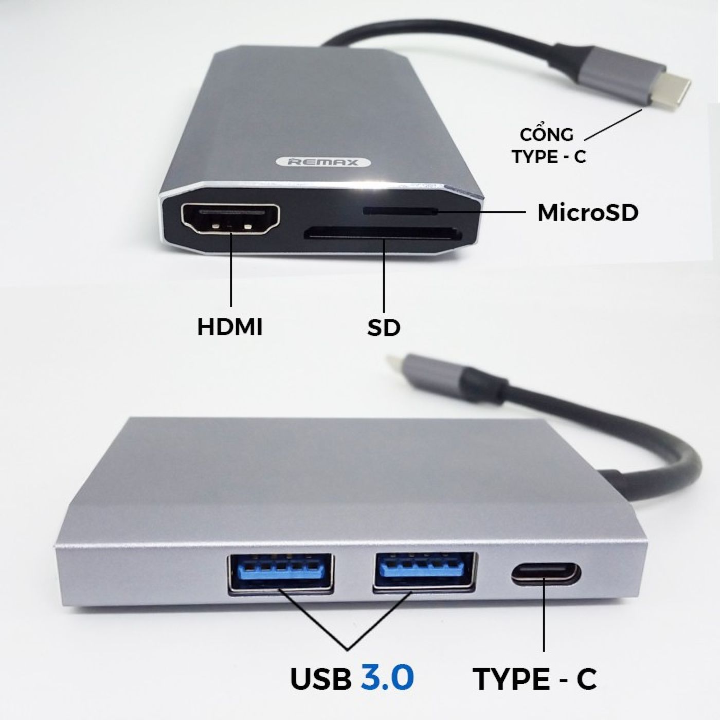 Hub chuyển đổi cao cấp 6 in 1 cổng Type C ra USB 3.0 + HDMI + Đầu đọc thẻ nhớ Remax RU-U30