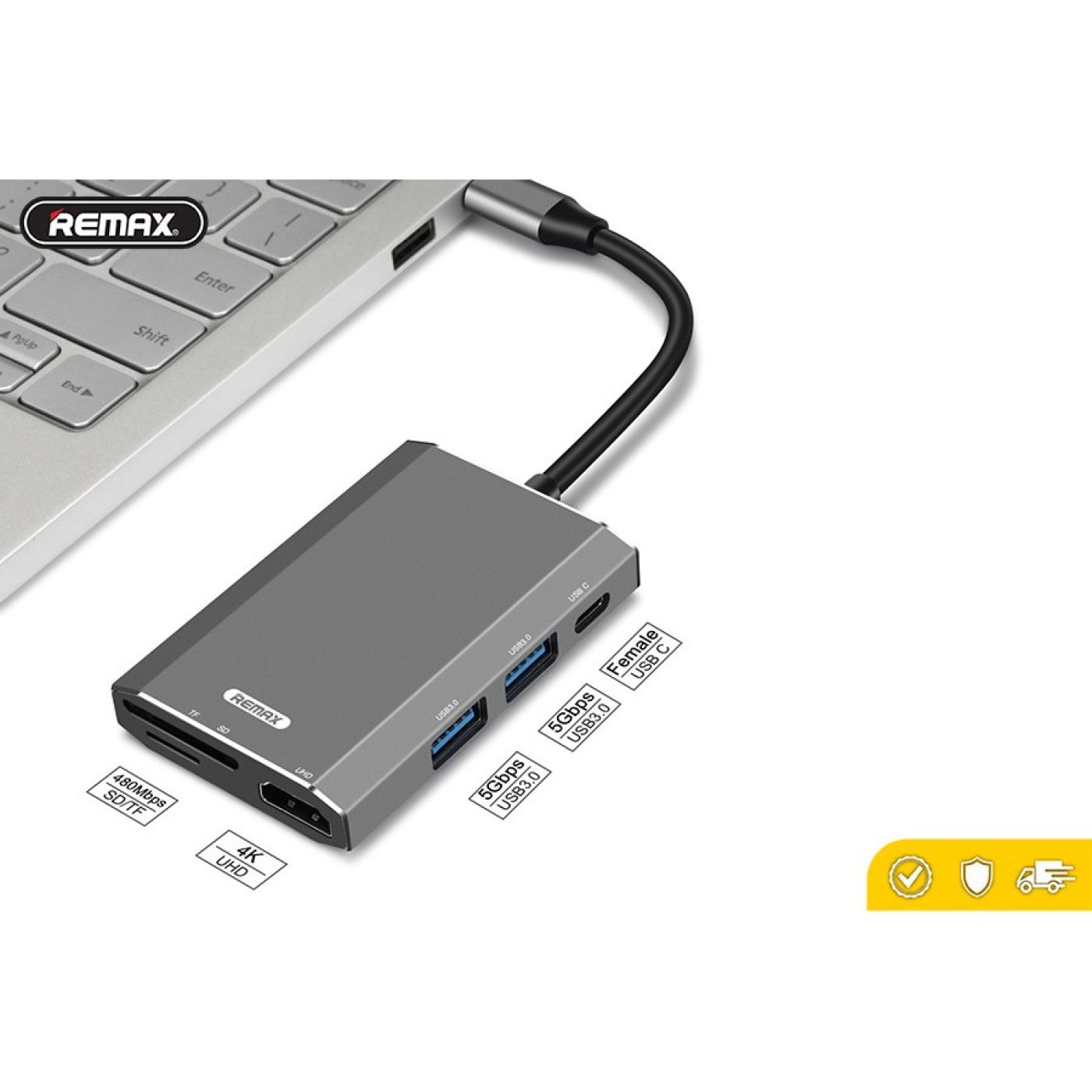 Hub chuyển đổi cao cấp 6 in 1 cổng Type C ra USB 3.0 + HDMI + Đầu đọc thẻ nhớ Remax RU-U30