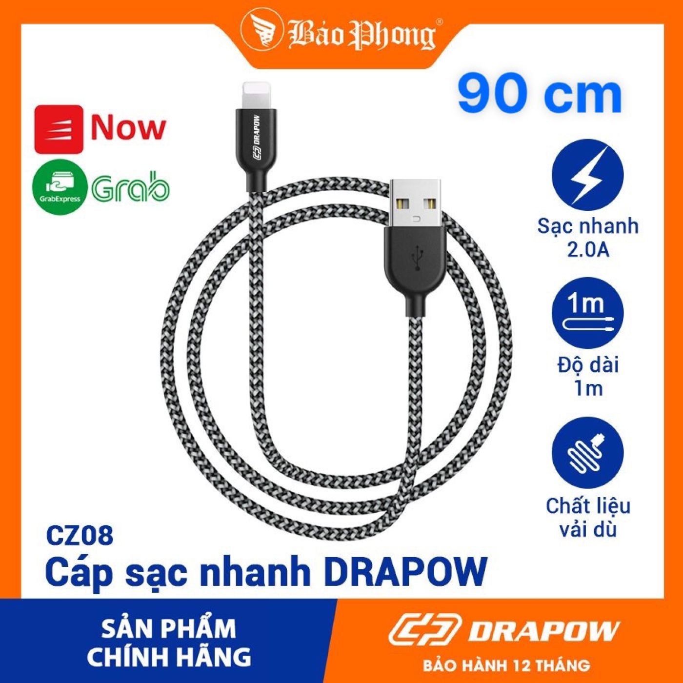 Cáp sạc dây dù iPhone 0.9 mét - DRAPOW CZ08 siêu bền chống đứt