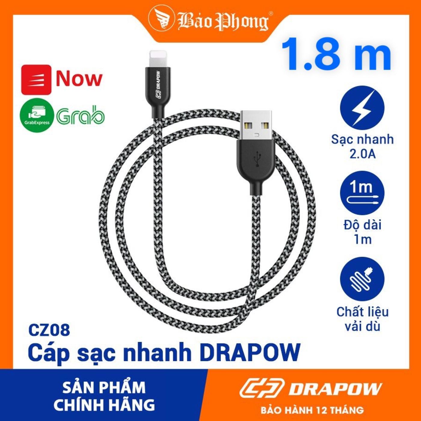 Cáp sạc dây dù iPhone 1.8 mét - DRAPOW CZ08 siêu bền chống đứt