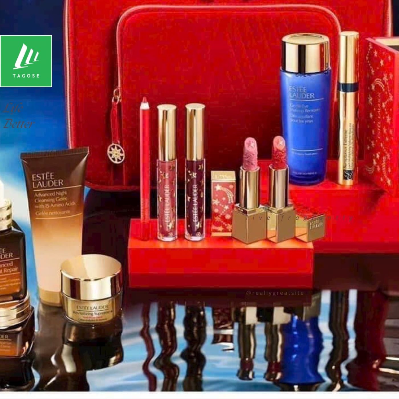 Set Dưỡng da 13 món Estee Lauder Blockbuster Celestial GLOW Warm Makeup 2023 Cộng Vali Đỏ Siêu Hot