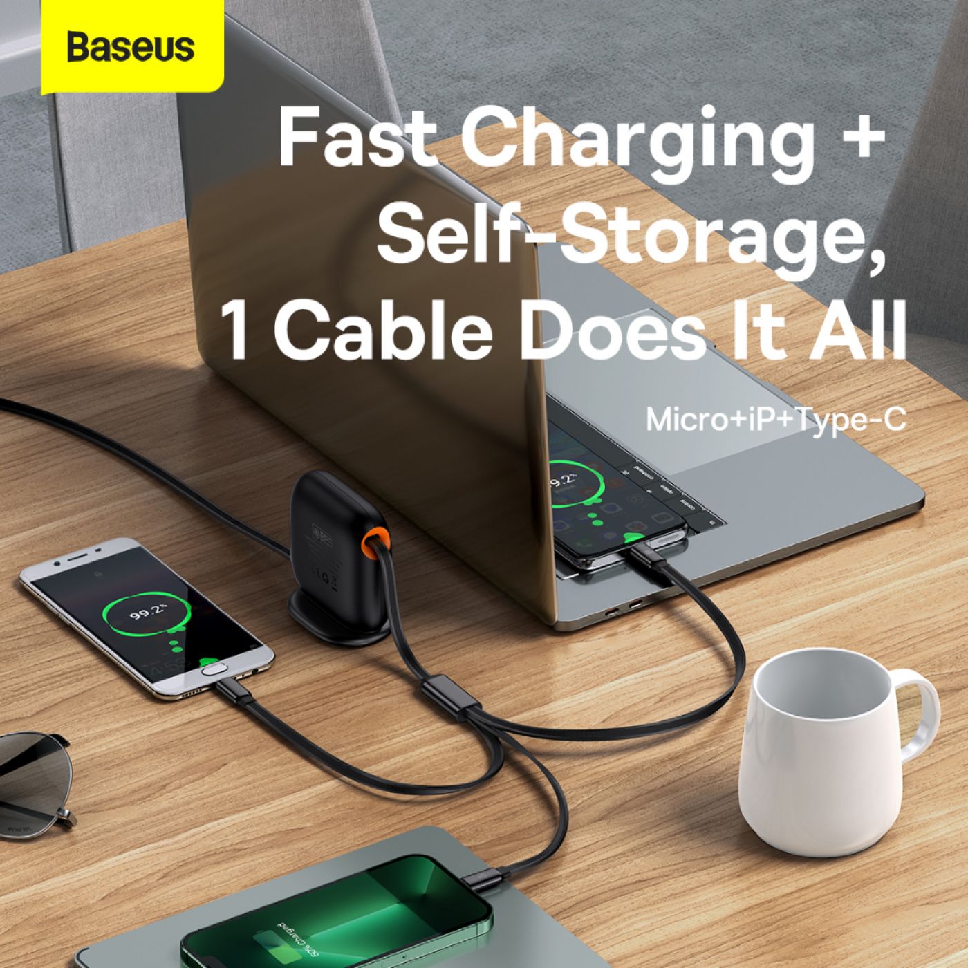 Cáp Sạc Đa Năng Baseus Traction Series Retractable 3-in-1 Fast Charging Cable Desktop Organizer (Typ