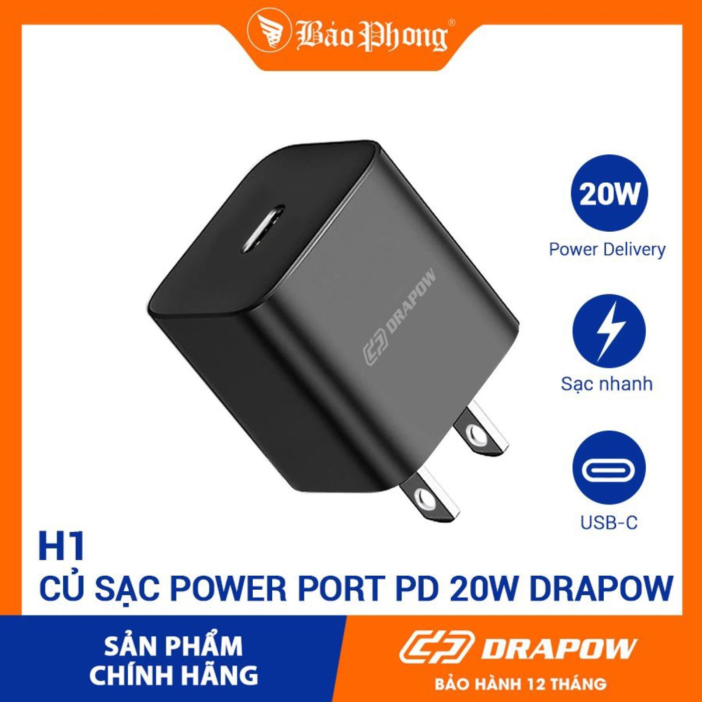 Củ sạc nhanh 20W Drapow H1 ( Bảo hành 1 năm ) cổng Type-C sạc nhanh iPhone