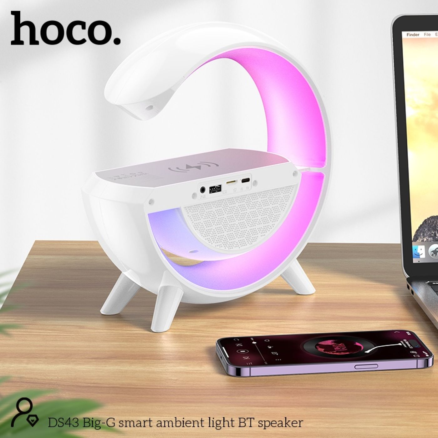 Loa bluetooth chữ G tích hợp đèn ngủ cùng sạc không dây tiện lợi và thông minh nghe nhạc hoco DS43