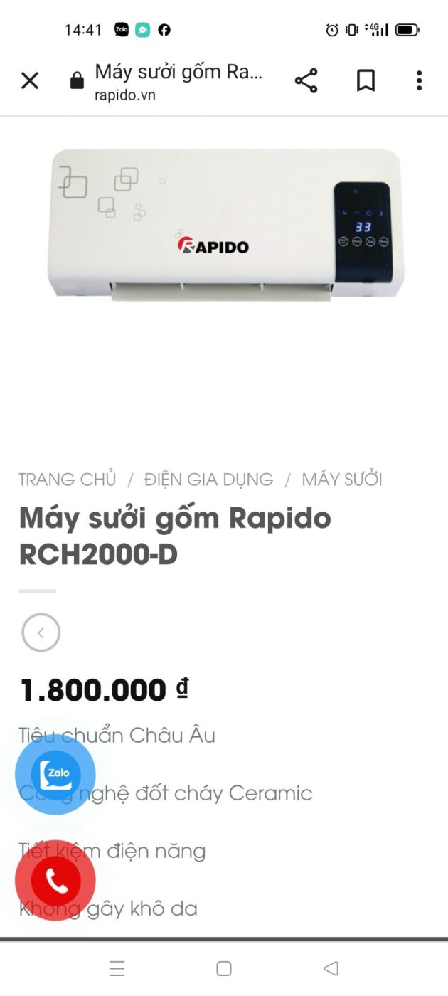 Máy sưởi gốm Rapido RCH2000-D