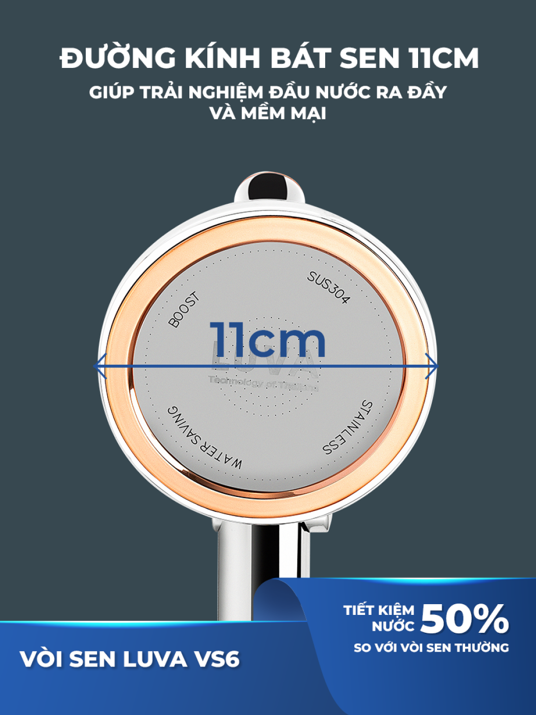 Vòi hoa sen Luva VS6, BH 1 năm, đổi lỗi 30 ngày, đường kính bát sen to 11cm, bật tắt trên vòi sen