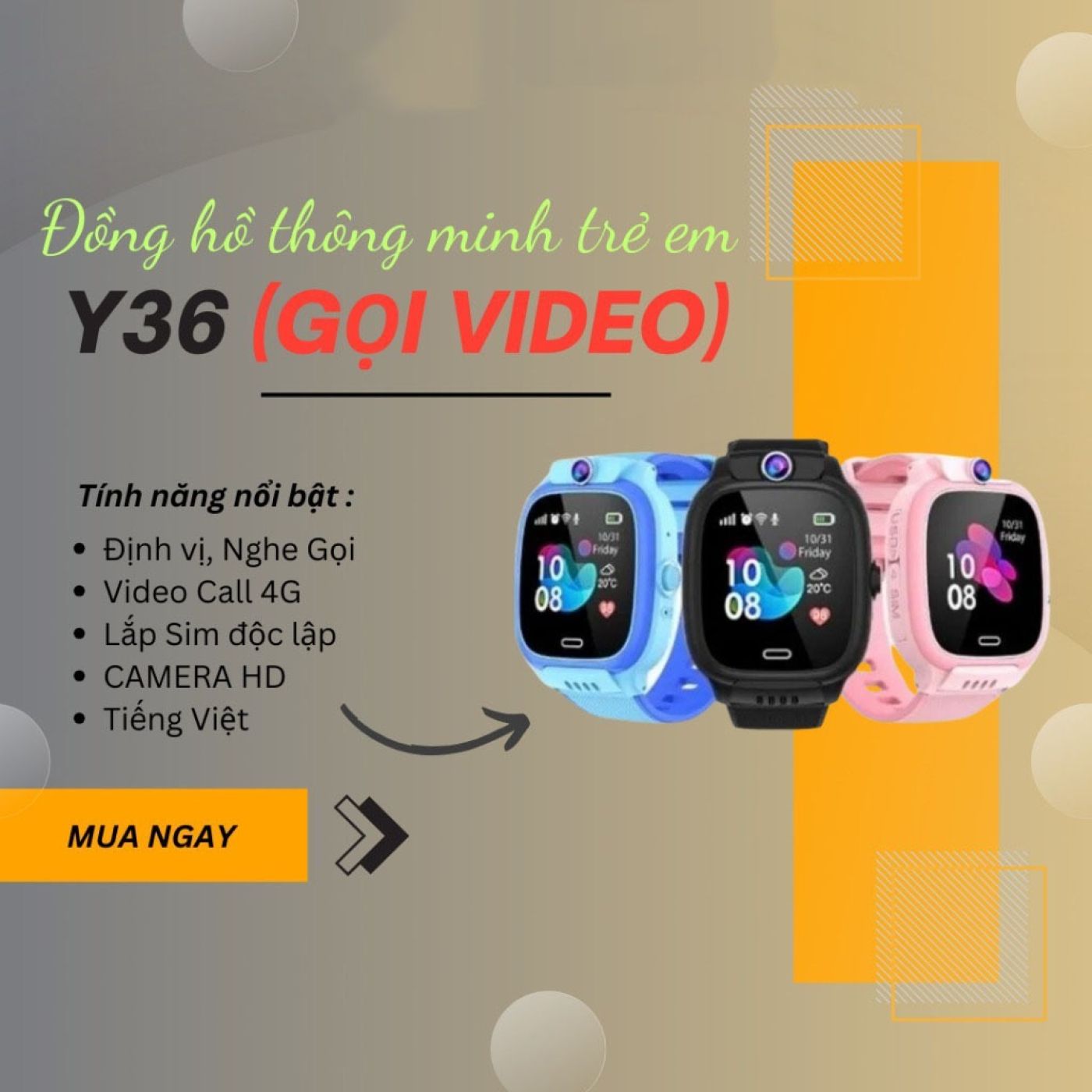 Đồng Hồ Thông Minh Trẻ Em (GỌI VIDEO) Định Vị Cao Cấp Y36 (bản 2023), Nghe Gọi Video 4G